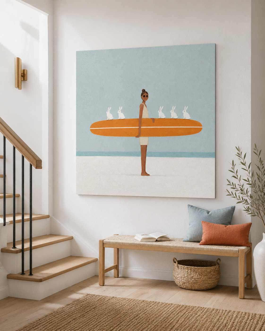 Hand-Painted Surfboard And Bunnies Abstract Canvas Art With Orange Accents
