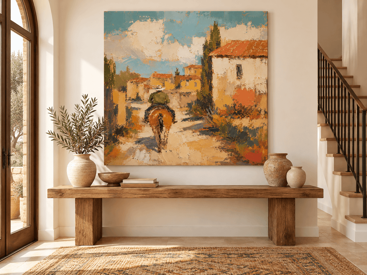 Impressionist Tuscan Style Painting Warm Tones Textured Square Canvas