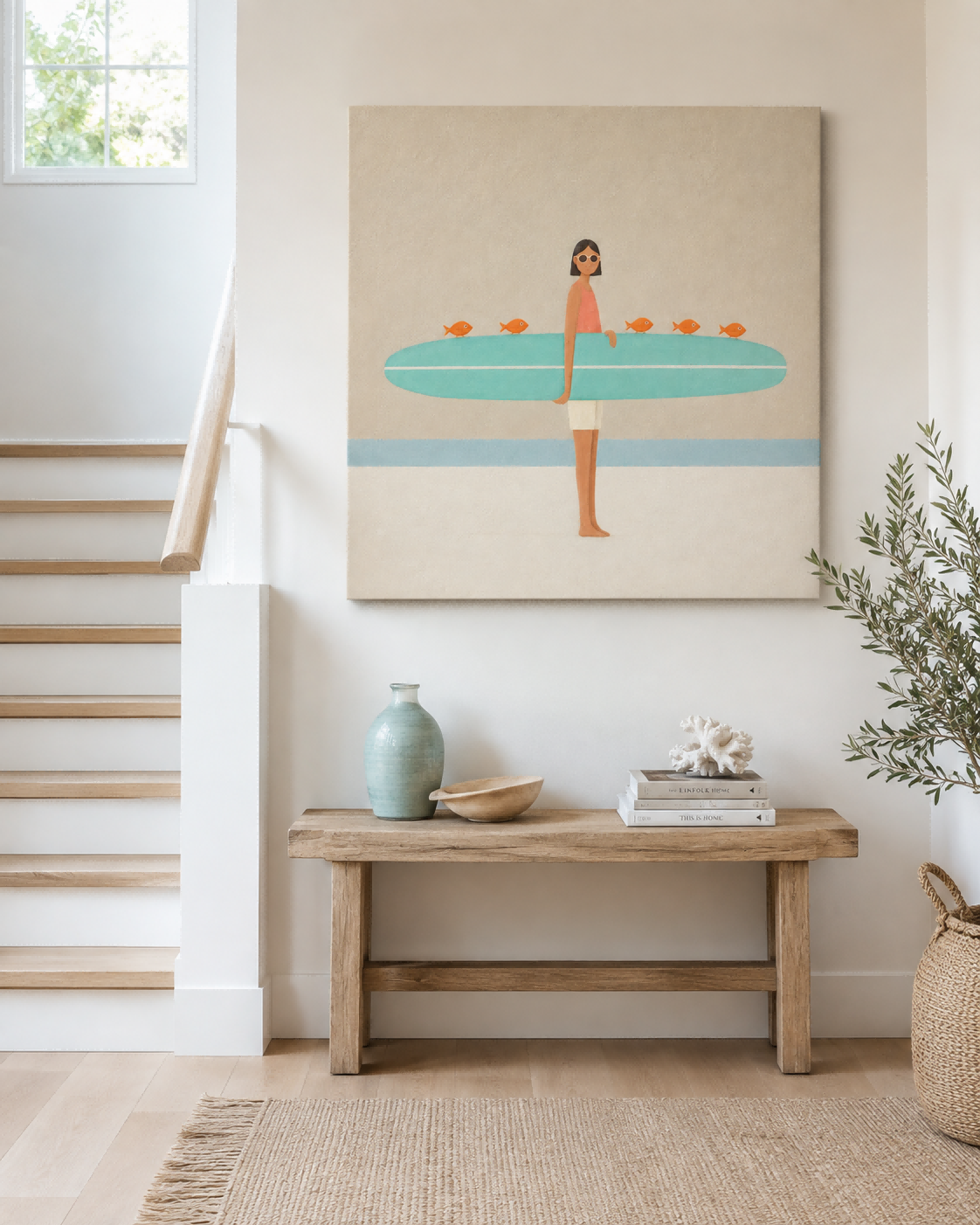 Girl With Surfboard And Fish Modern Abstract Canvas Painting Abstract Minimalist Art With Orange Accents Hand Painted Oil