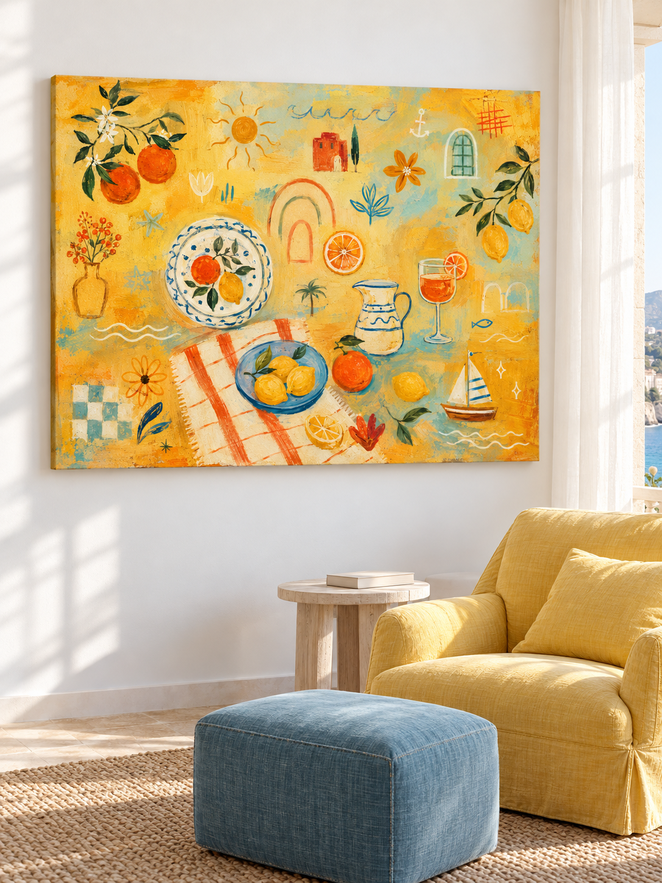 Hand-Painted Citrus Fruit And Sailboat Canvas Art With Warm Yellow Tones