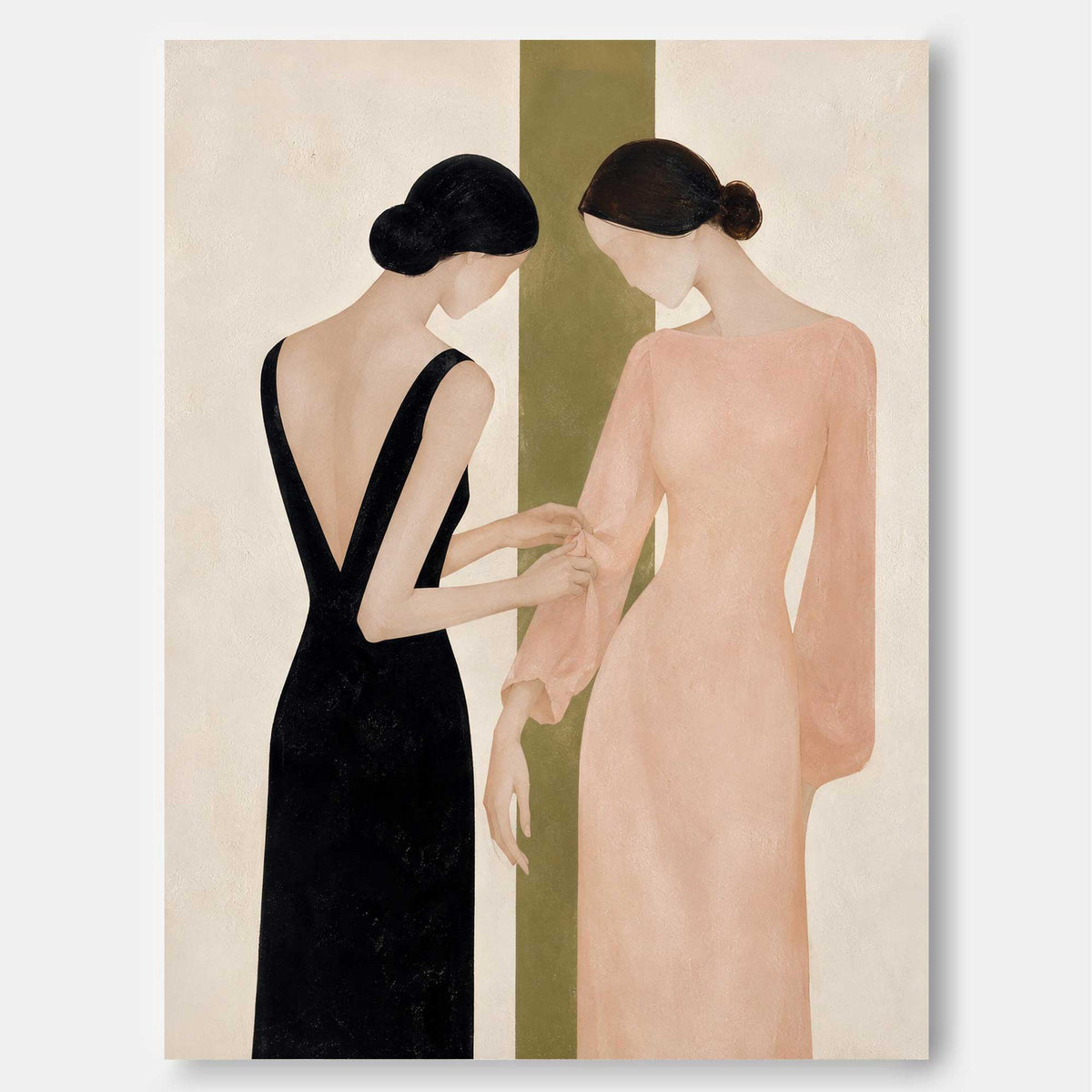 Minimalist Geometric Painting Two Women In Black And Pink Dresses Hand-Painted Modern Canvas Art