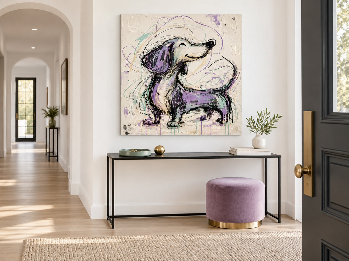 Hand-Painted Purple Dachshund Canvas Art With Graffiti Style