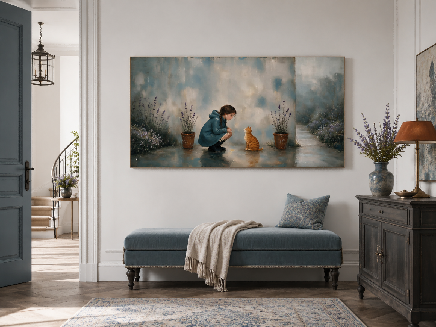 Serene Outdoor Path Artwork With Orange Cat And Purple Flowers For Lounge Decor