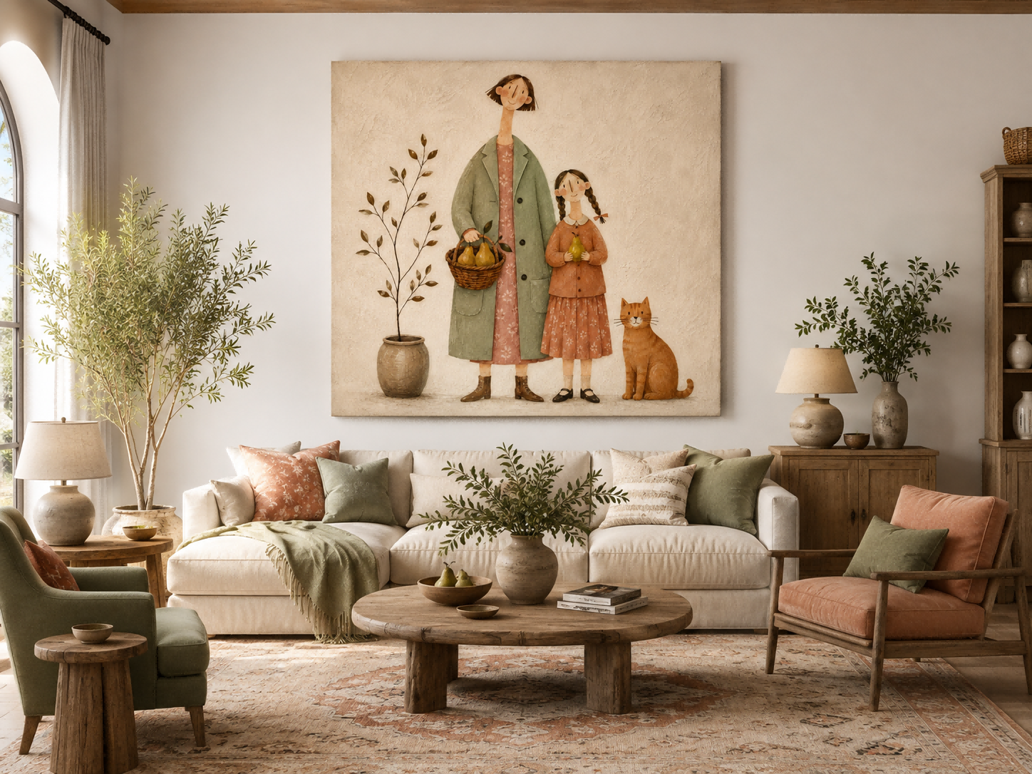 Charming Naive Art Painting Of Family With Cat In Vintage Style For Living Room Decor