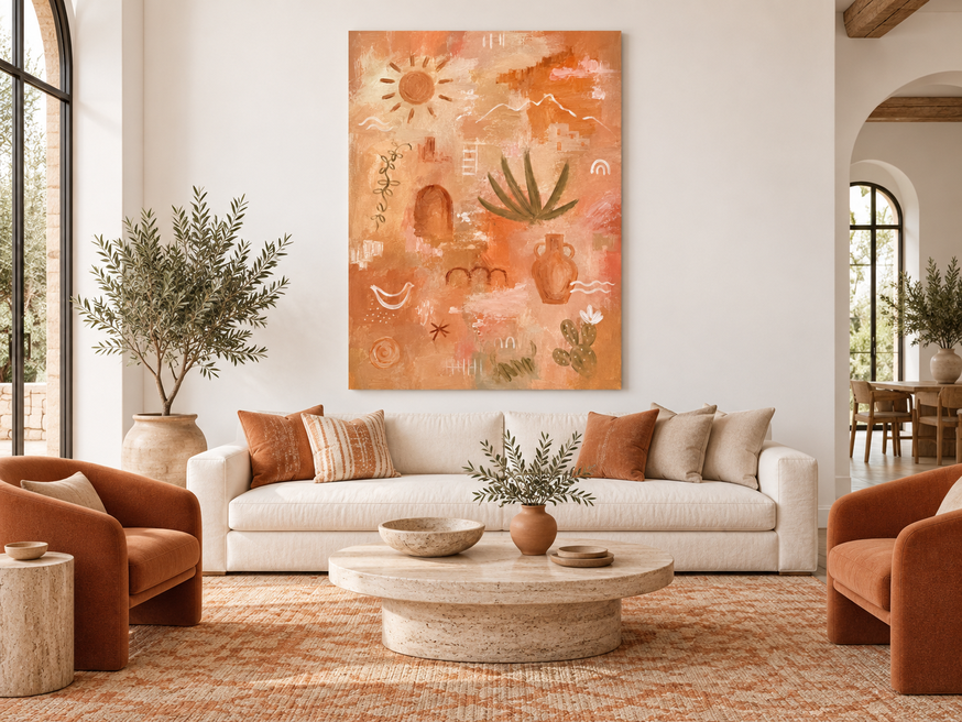 Modern Abstract Geometric Canvas Painting In Sandy Beige And Orange With Earthy Southwestern Aesthetic