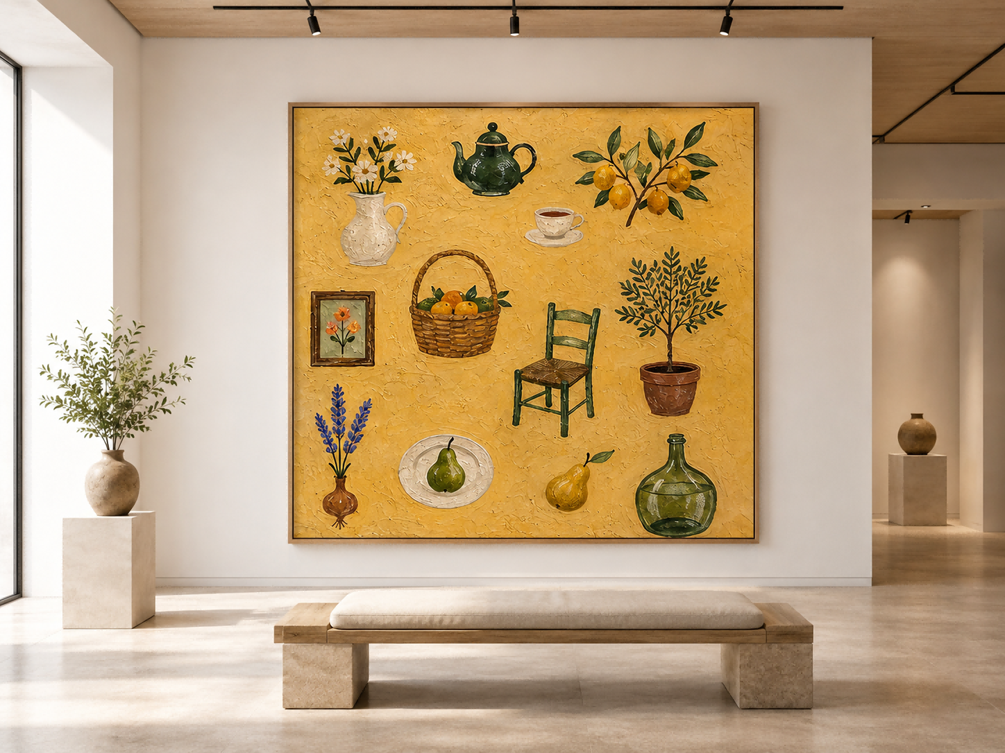 Vintage Pastoral Oil Painting With Lemons And Teapot For Country Kitchen Wall Art Decor