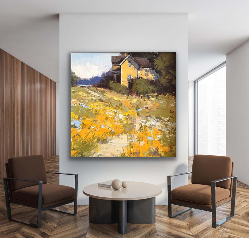 Original Country Cottage Oil Painting Large Wall Art Abstract Yellow Landscape Painting Living Room Decoration
