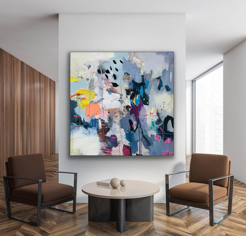 Original Abstract Painting On Canvas Blue Square Abstract Wall Art Modern Acrylic Painting For Living Room