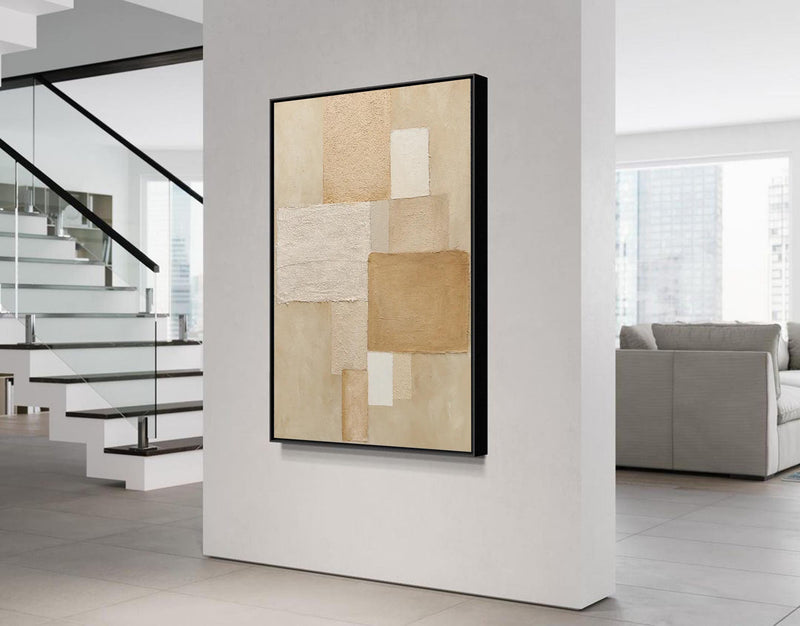 Beige Original Abstract Oil Painting On Canvas Geometric Large Composition Artwork Framed Living Room Decor