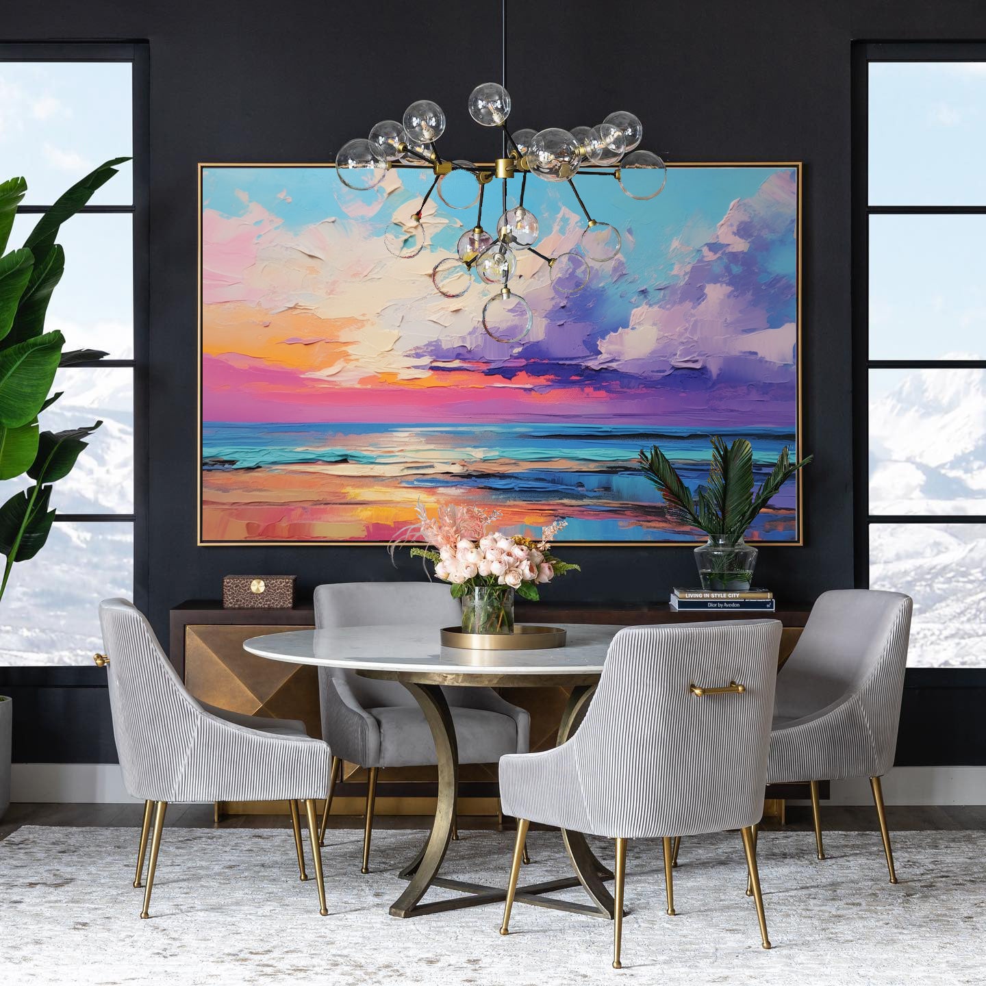 Bright Abstract Landscape Oil Painting Original Purple Sunset Wall Art Modern Abstract Landscape Painting Living Room Decor