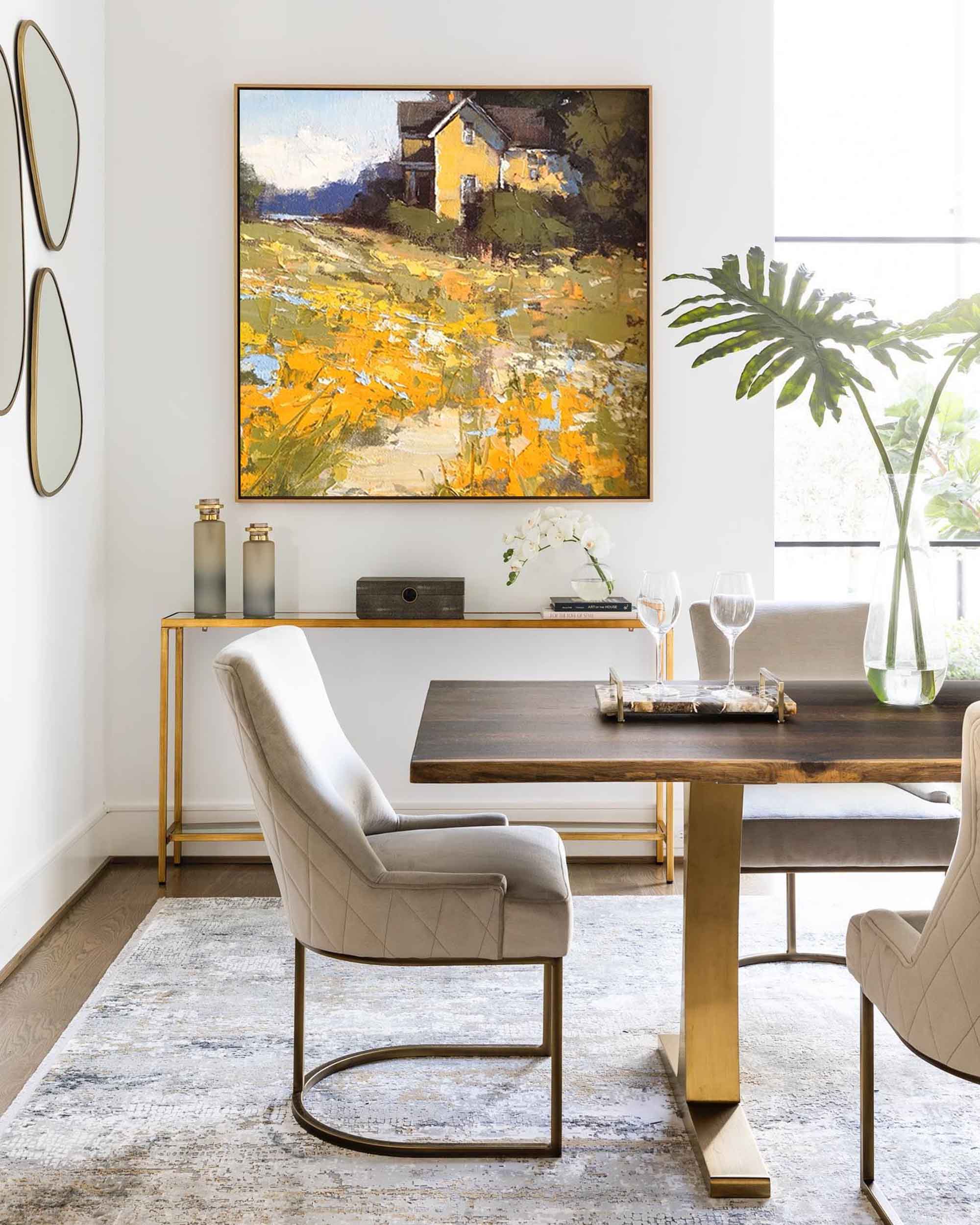 Original Country Cottage Oil Painting Large Wall Art Abstract Yellow Landscape Painting Living Room Decoration