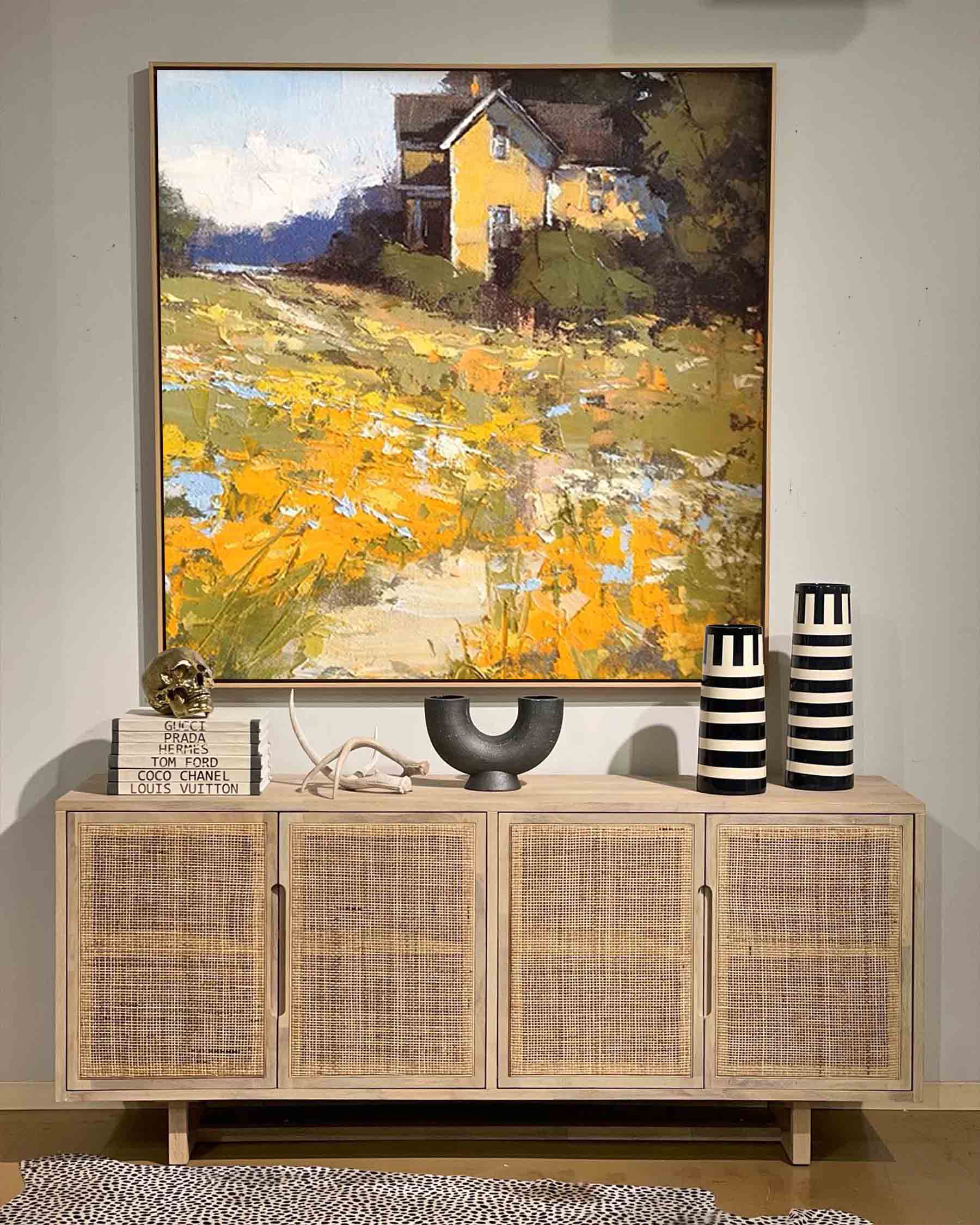 Original Country Cottage Oil Painting Large Wall Art Abstract Yellow Landscape Painting Living Room Decoration