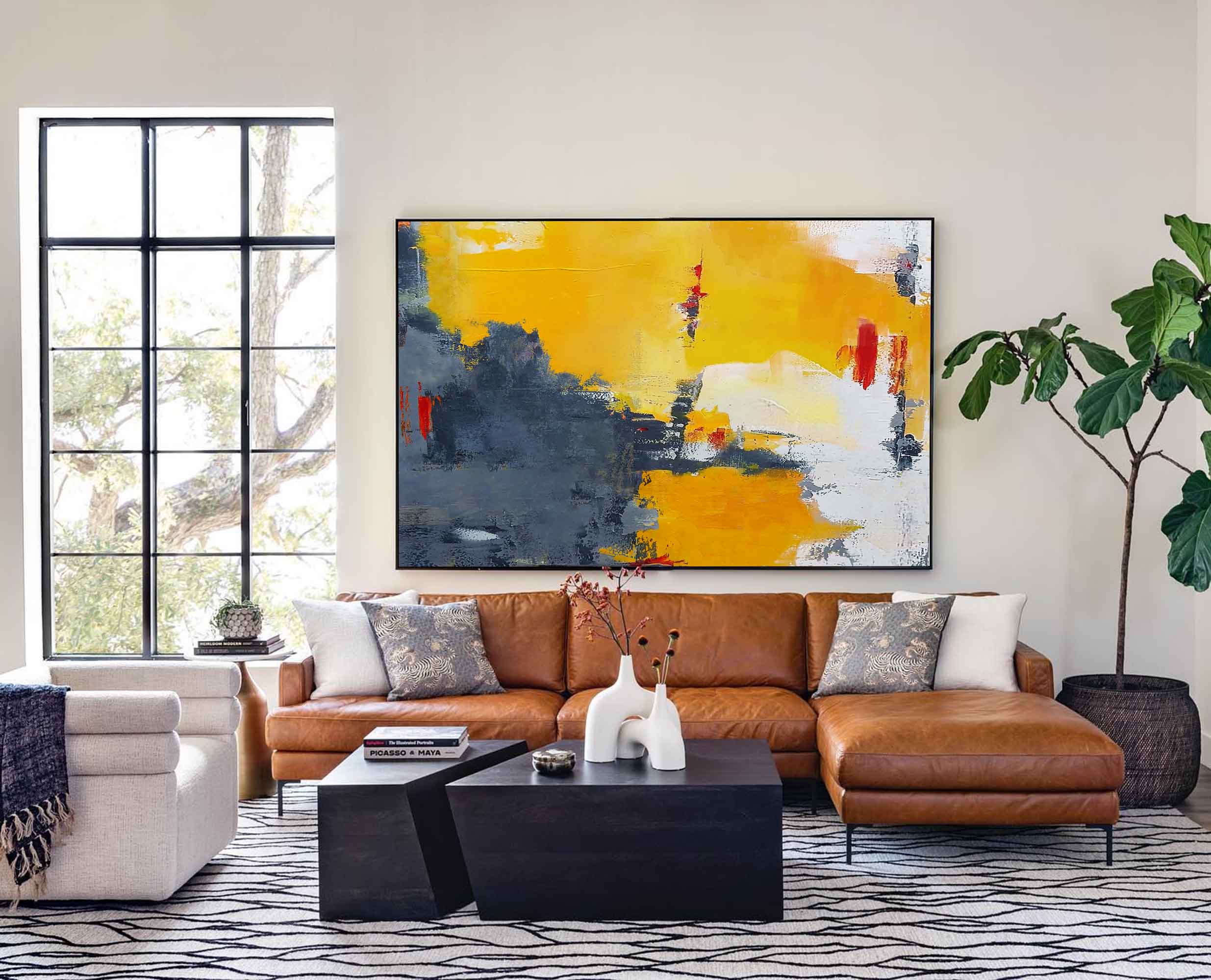 Modern Gray And Yellow Abstract Canvas Oil Painting Large Wall Texture Art Original Oil Painting Home Decoration