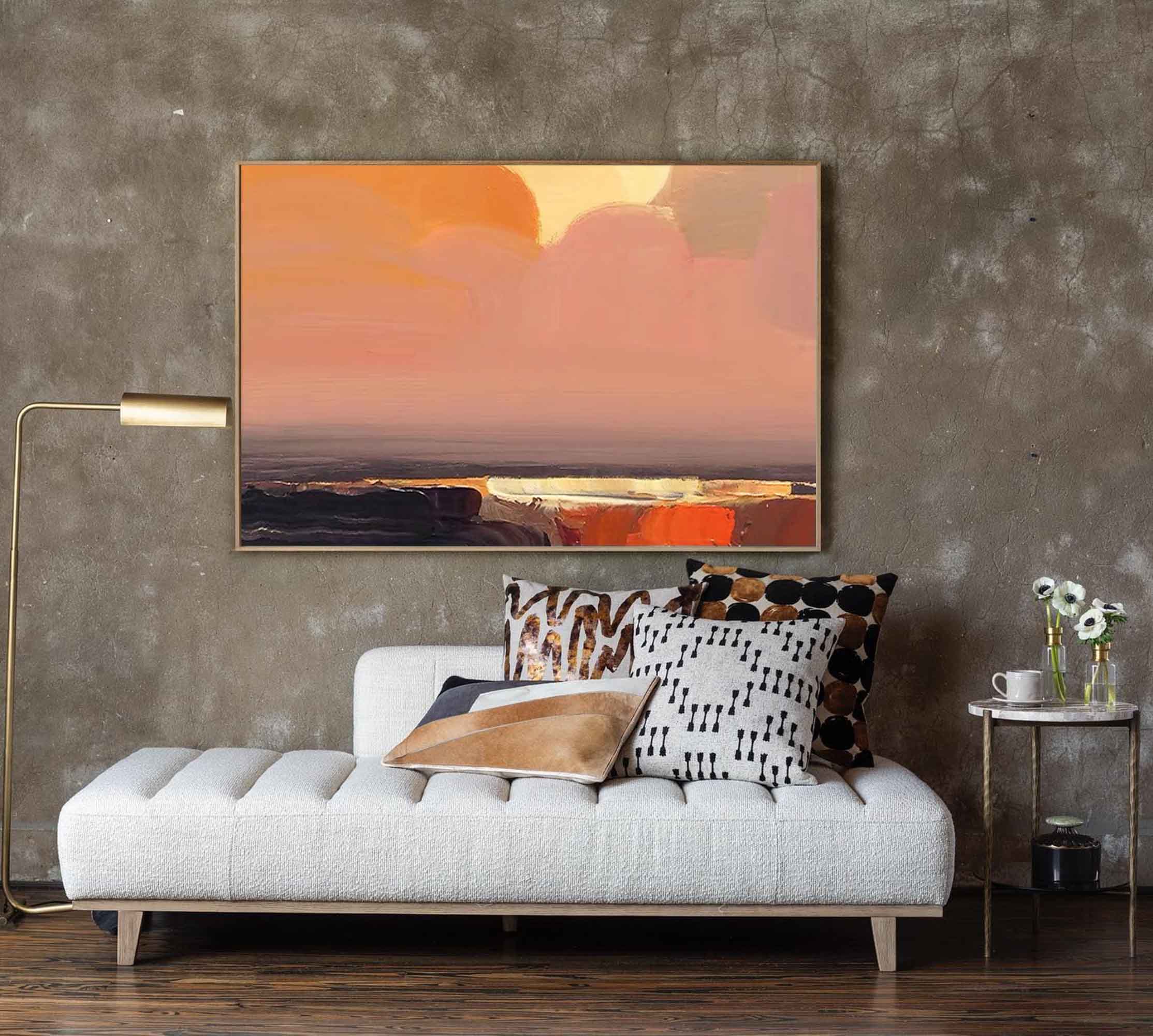 Large Sunset Oil Painting On Canvas Original Wall Art Abstract Yellow Landscape Painting Living Room Decor