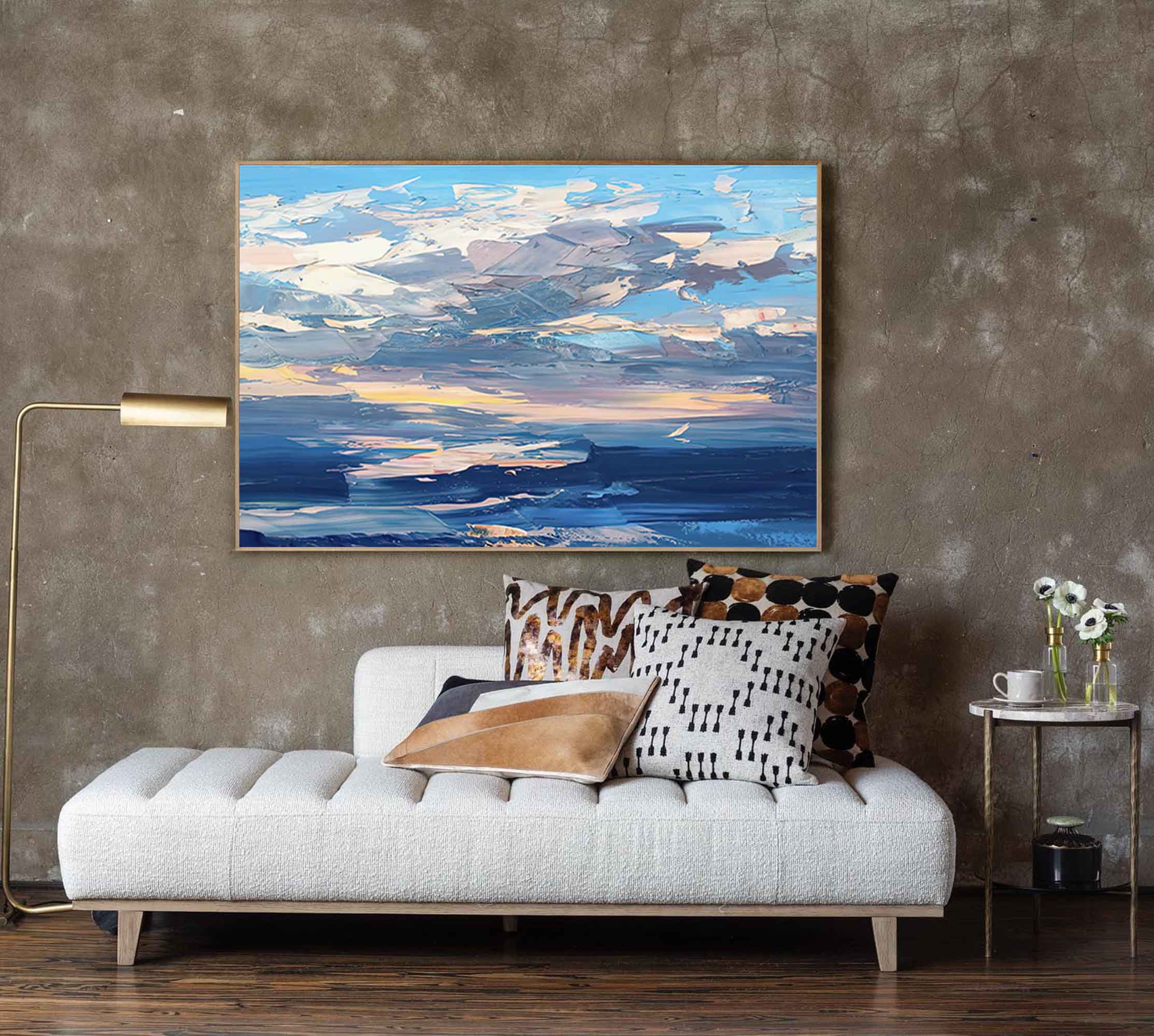 Clouds Oil Painting on Canvas Original Wall Art Abstract Blue Landscape Painting Home Decor