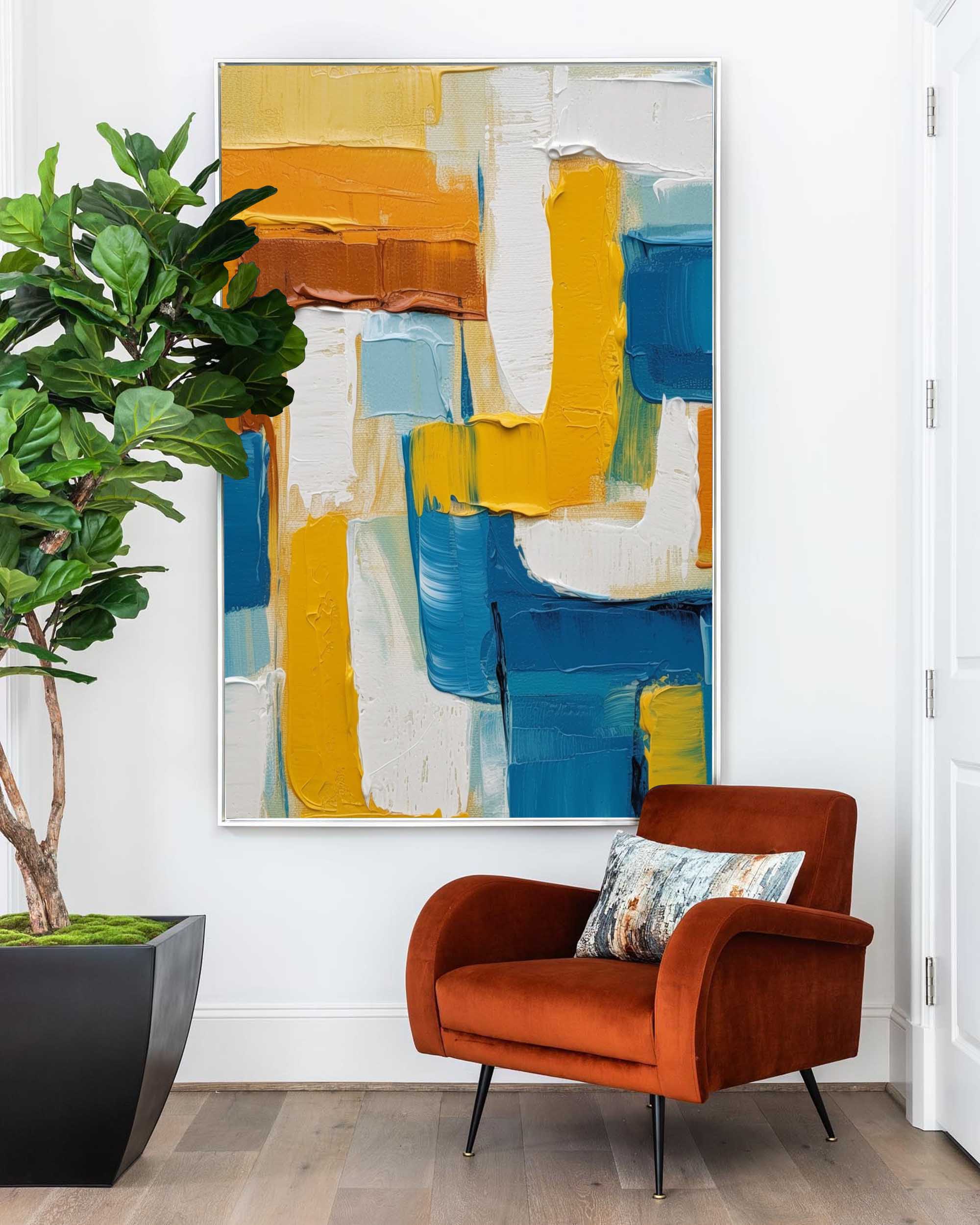 Original Geometric Canvas Oil Painting Vibrant Yellow and Blue Acrylic Painting Large Textured Modern Abstract Wall Art Home Decor