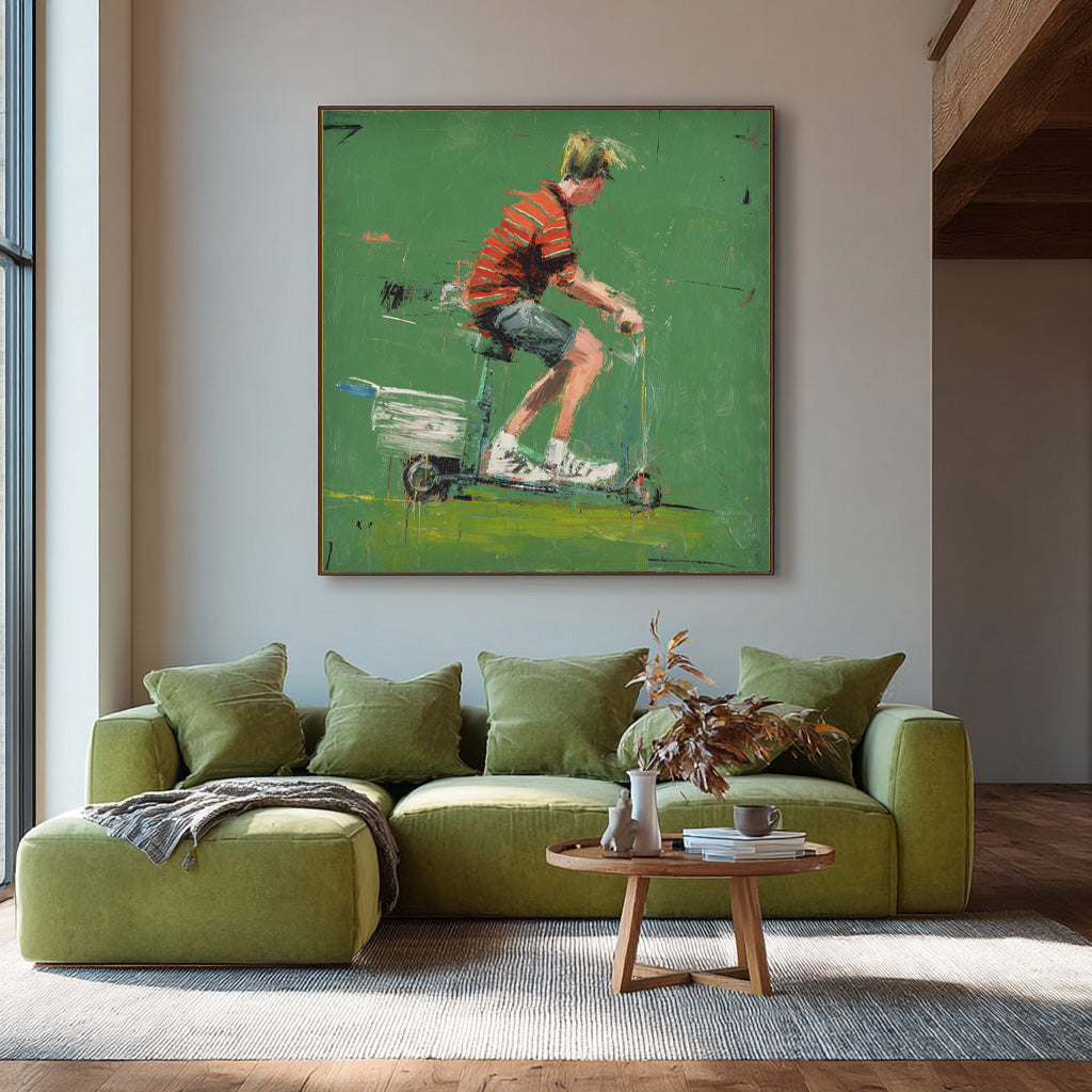 Minimalist Energetic Boy Riding A Scooter Painting Abstract Fashionable Street Style Original Green Wall Art