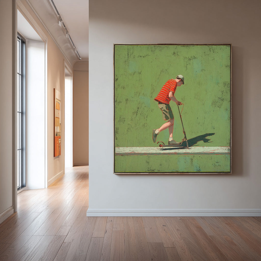 Abstract Warm And Peaceful Atmosphere Landscape Green Wall Art Minimalist Boy Riding A Scooter Painting