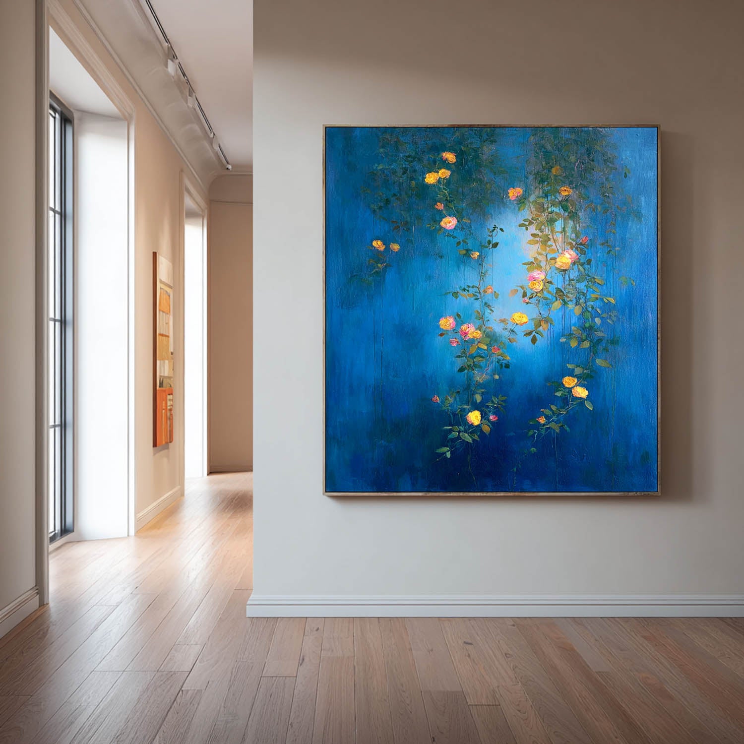 Original Floral Wall Art Canvas Vibrant Yellow & Pink Roses On Deep Blue Background Modern Boho Living Room