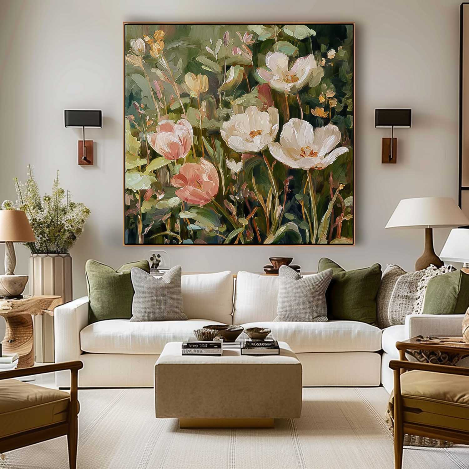 Square Vintage Oil Painting Style Tulips In White And Pink With Sage Green Leaves Cottagecore Wall Decor