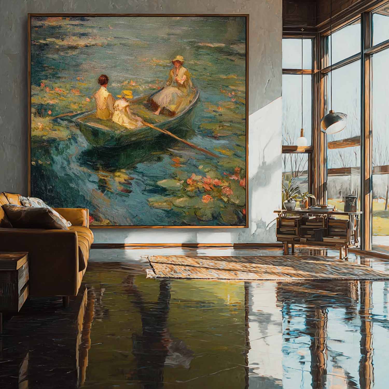 Impressionist Row Boat Water Lilies Art Serene Lake Vintage Cottagecore Painting Relaxing Idyllic Home Ambiance