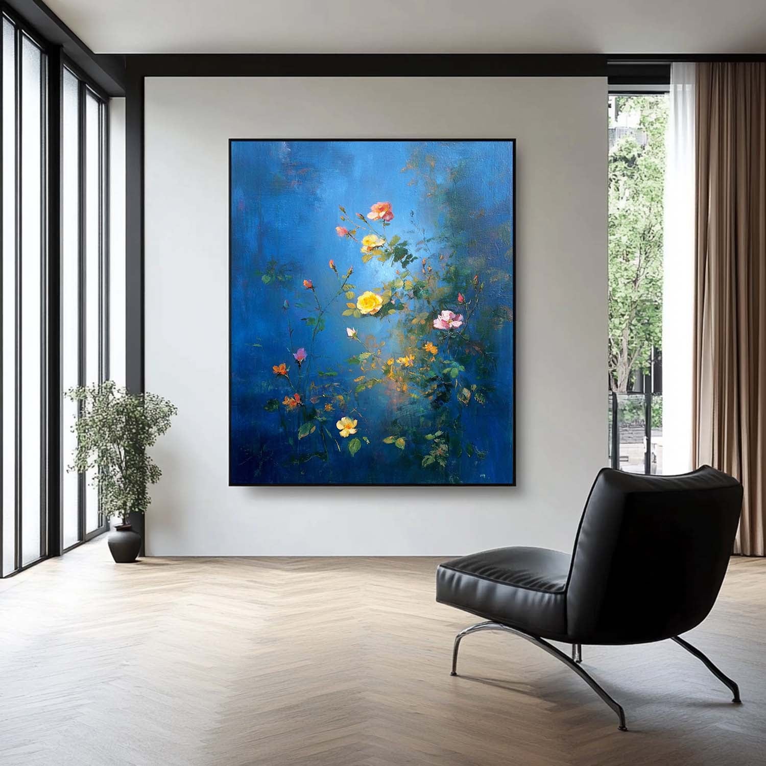 Modern Wall Art Hand-Painted Lotus Pond Artwork Blue Toned Abstract Lotus Flower Oil Painting On Canvas