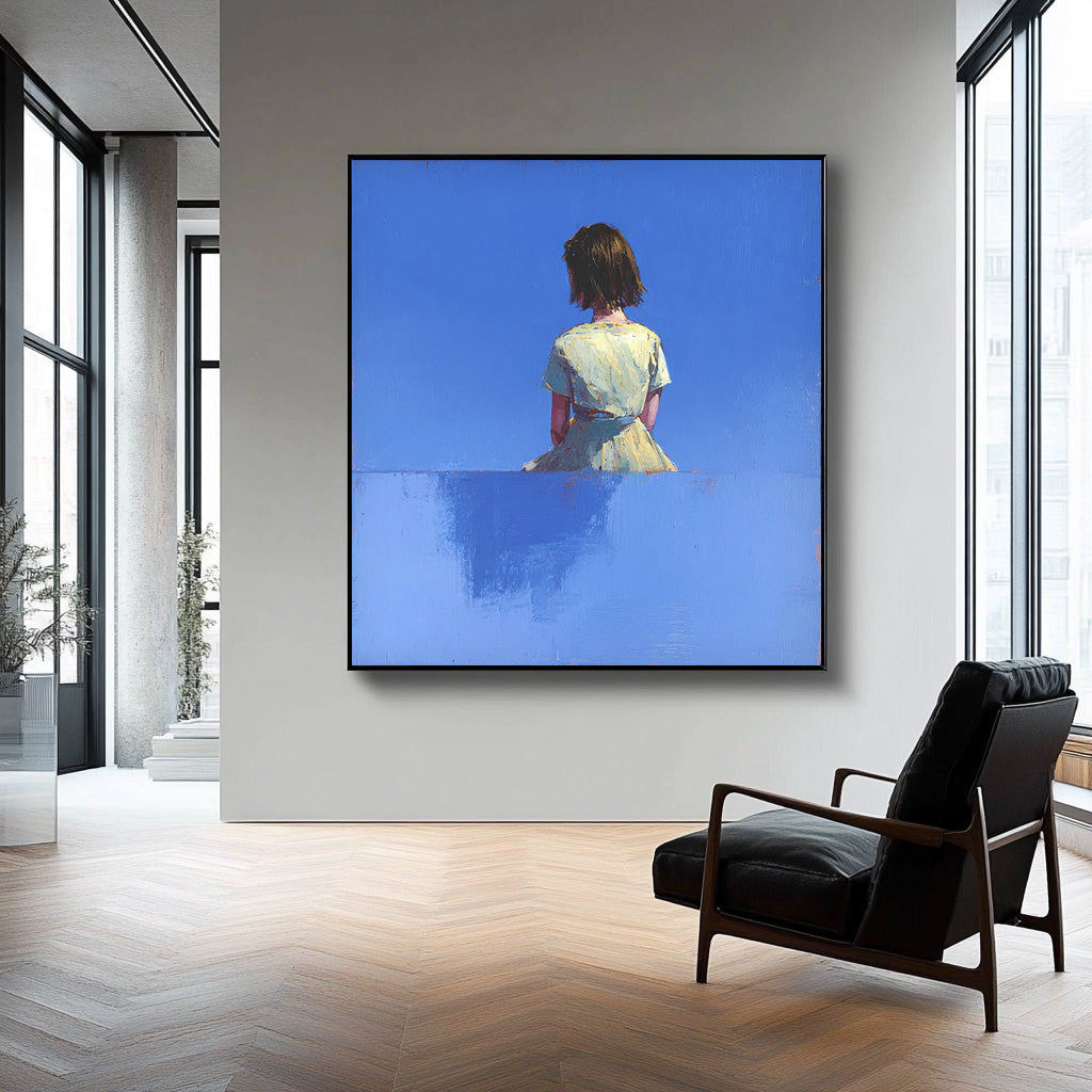 Abstract Warm atmosphere Art Minimalist Girl Back View Painting Original Blue Wall Art For Living Room