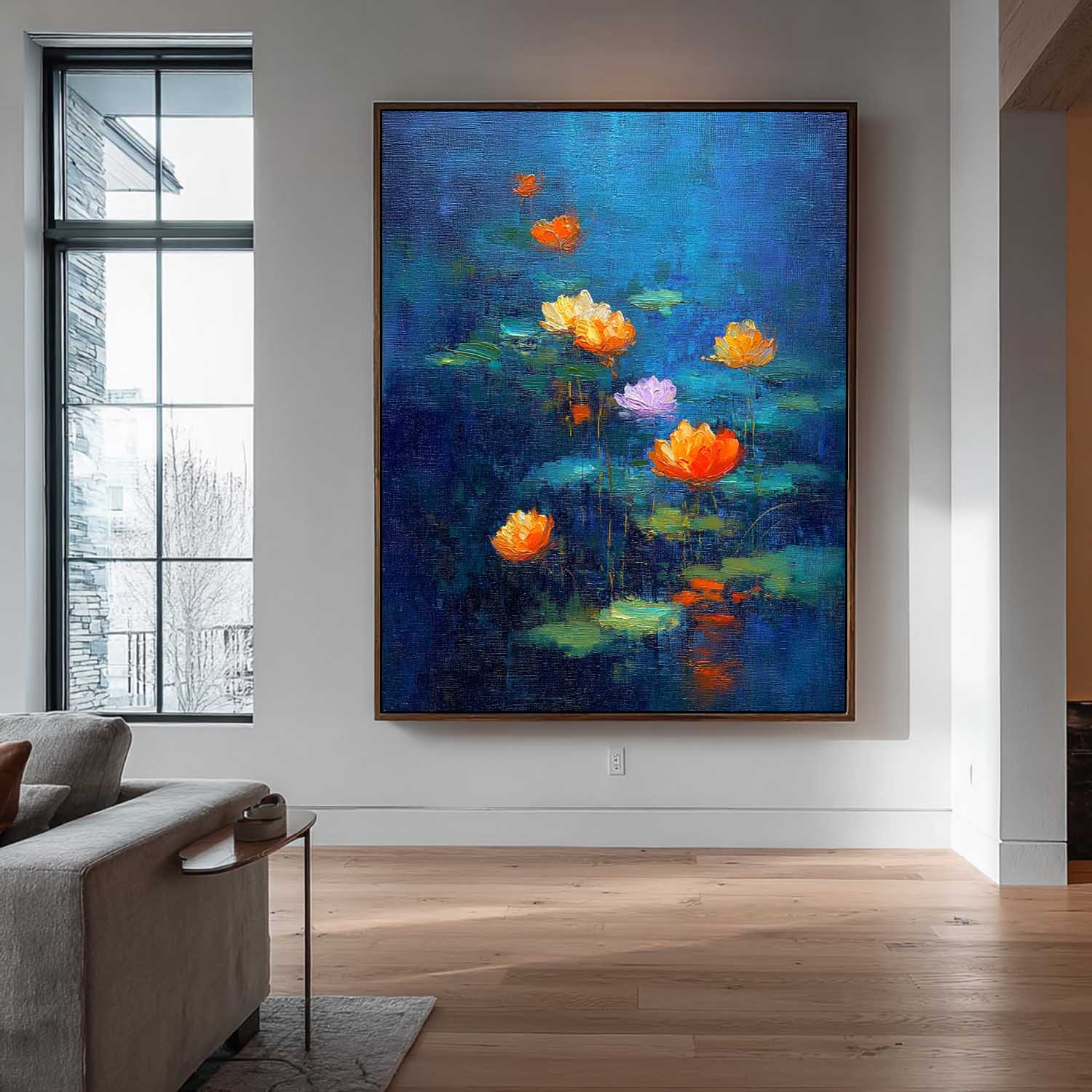 Blue Toned Abstract Lotus Flower Oil Painting on Canvas Modern Wall Art Hand-Painted Lotus Pond Artwork