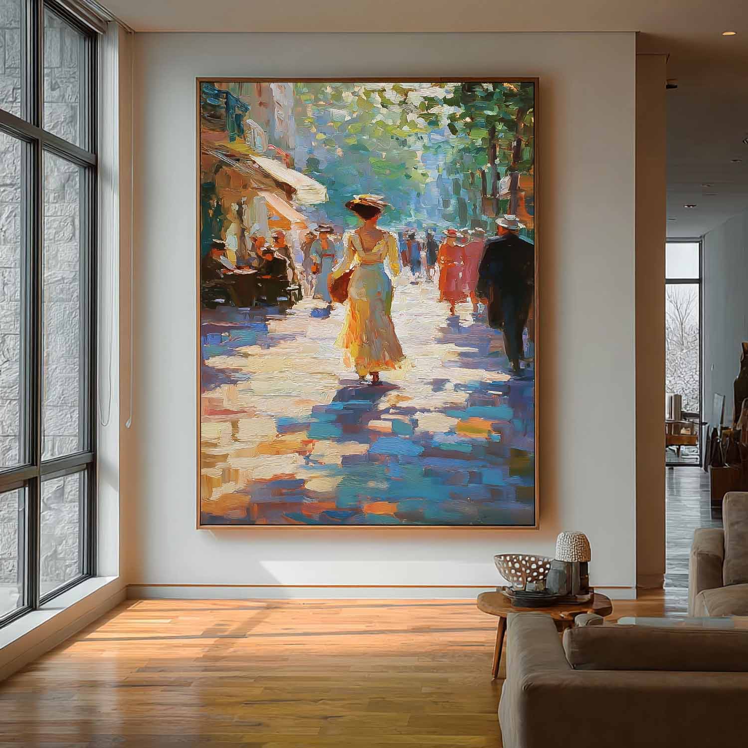 Large Vintage Sunlit Street Oil Painting Impressionist Canvas Wall Art Original Figure For Living Room Decor 