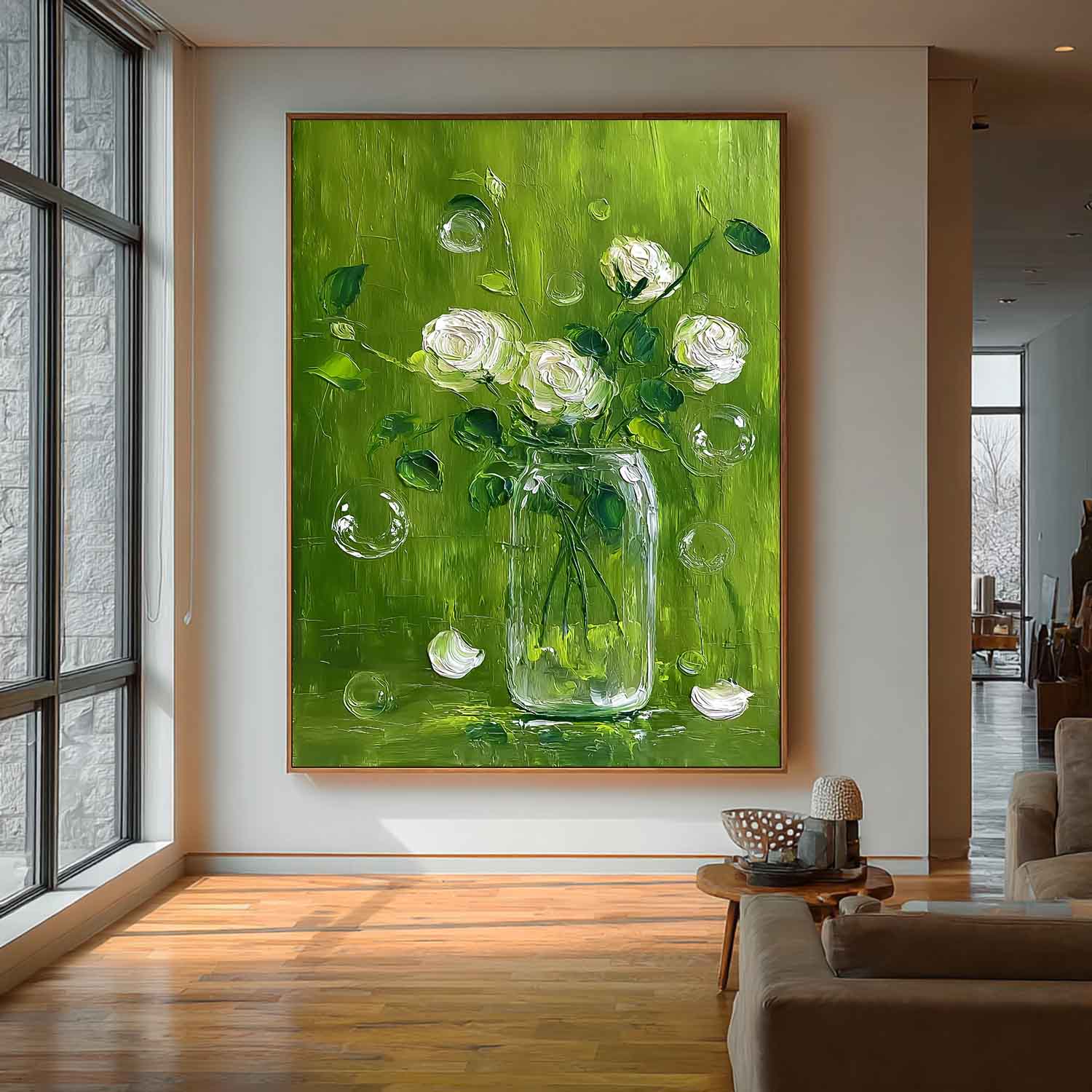 Impasto White Roses Oil Painting Canvas Modern Green Floral Wall Art 3D Textured Flower Bouquet In Glass Vase
