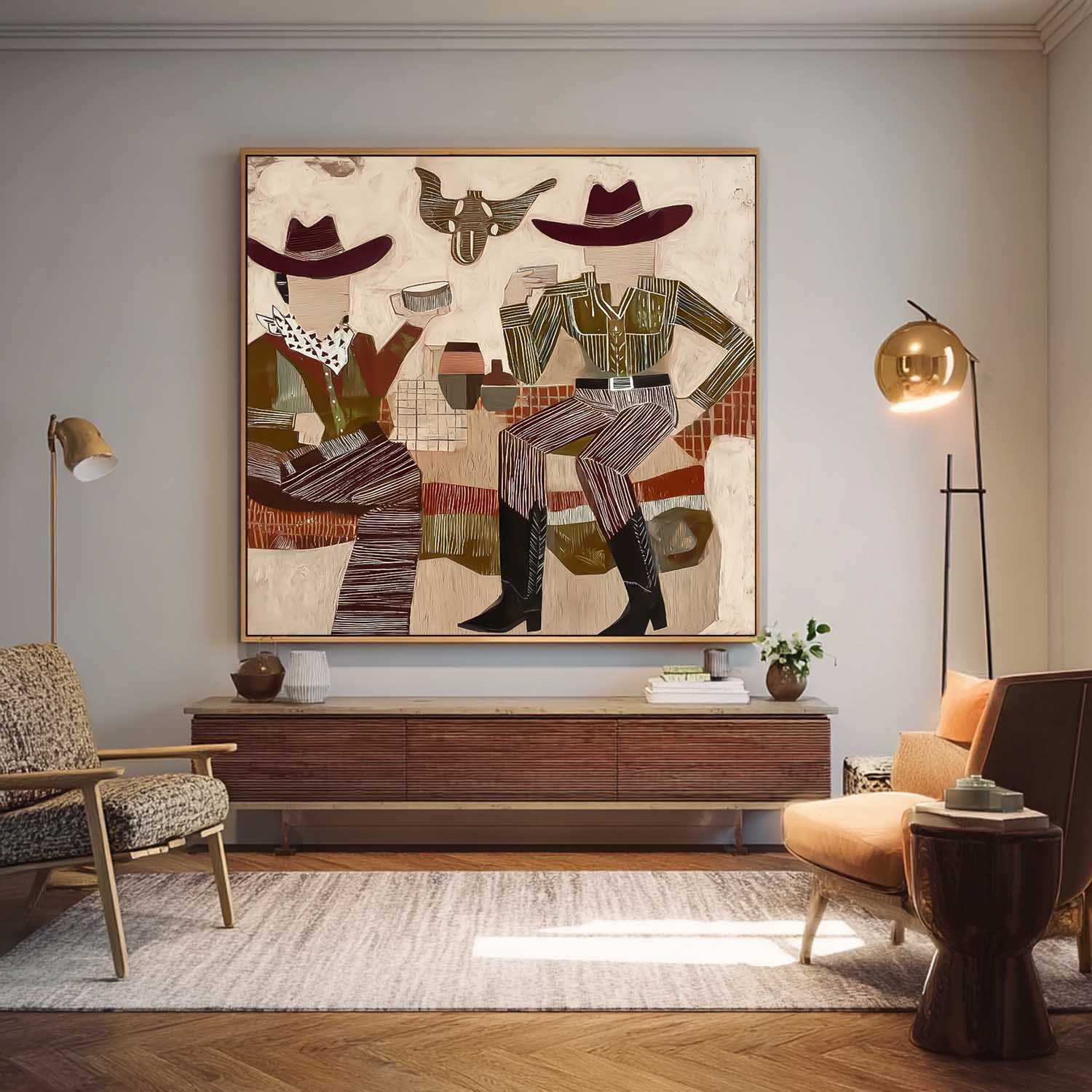 Western Cowboy Oil Painting Rustic Wall Art For Living Room/Bar/Ranch Handpainted Two Cowboys Bull Head Design