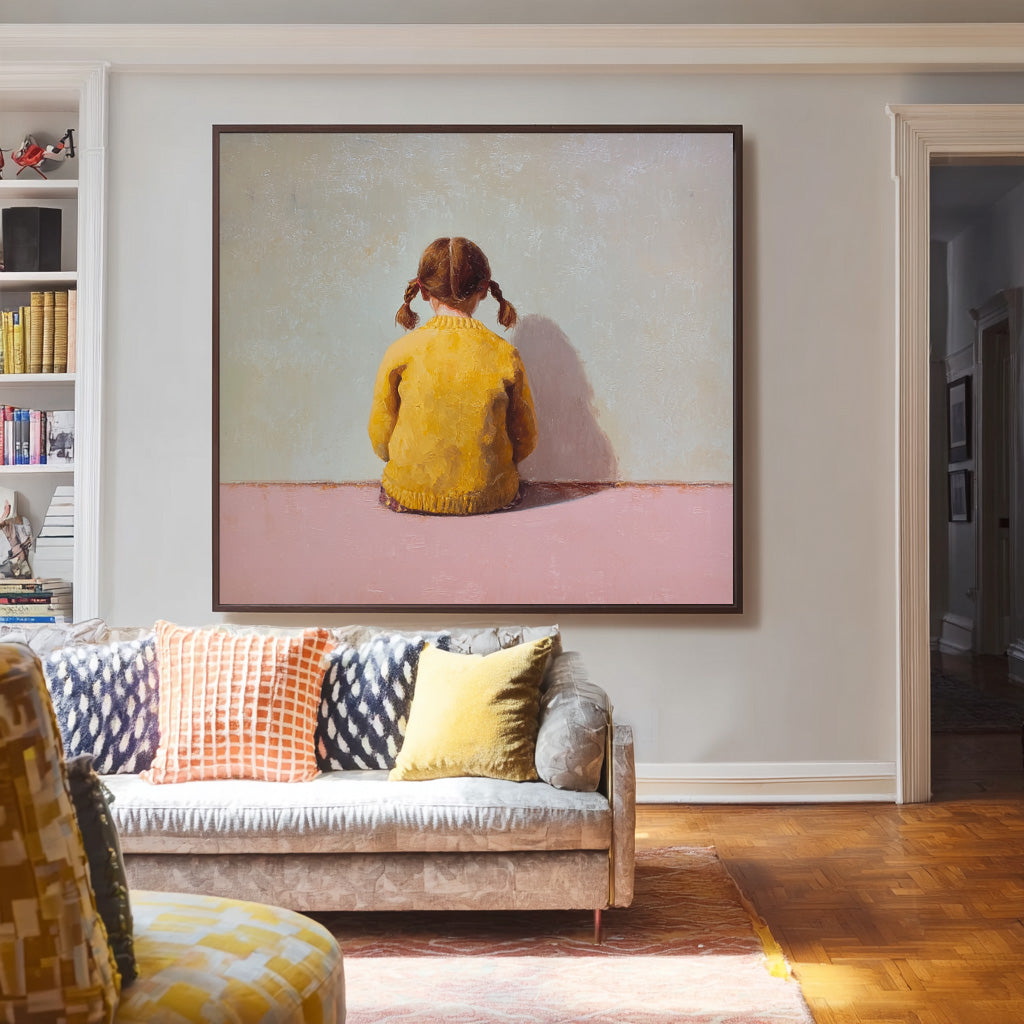 Original Pink Wall Art Minimalist Child Back view Painting Abstract Warm atmosphere Art For Living Room