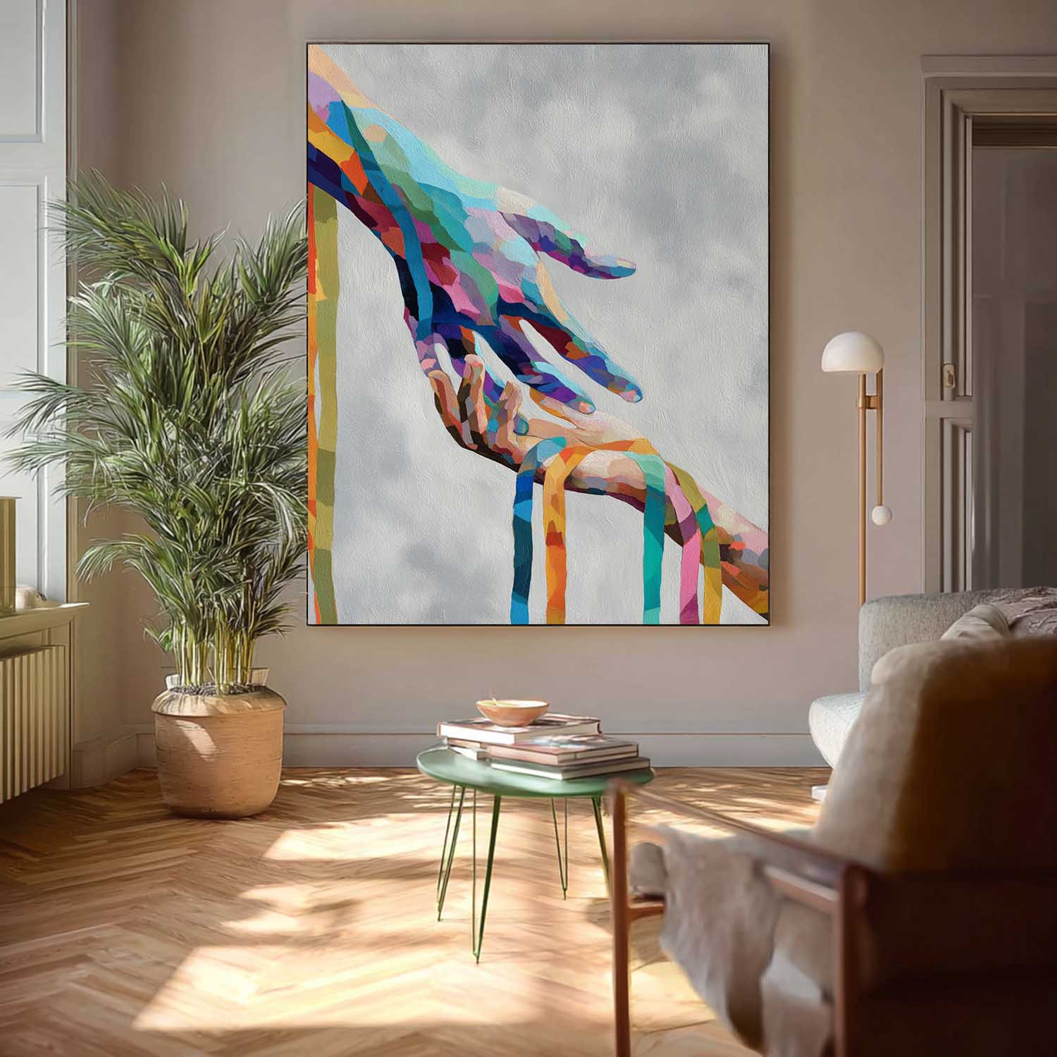 Vibrant Abstract Color Hands Connecting Art Modern Geometric Wall Decor Minimalist Unique Love & Unity Home Art