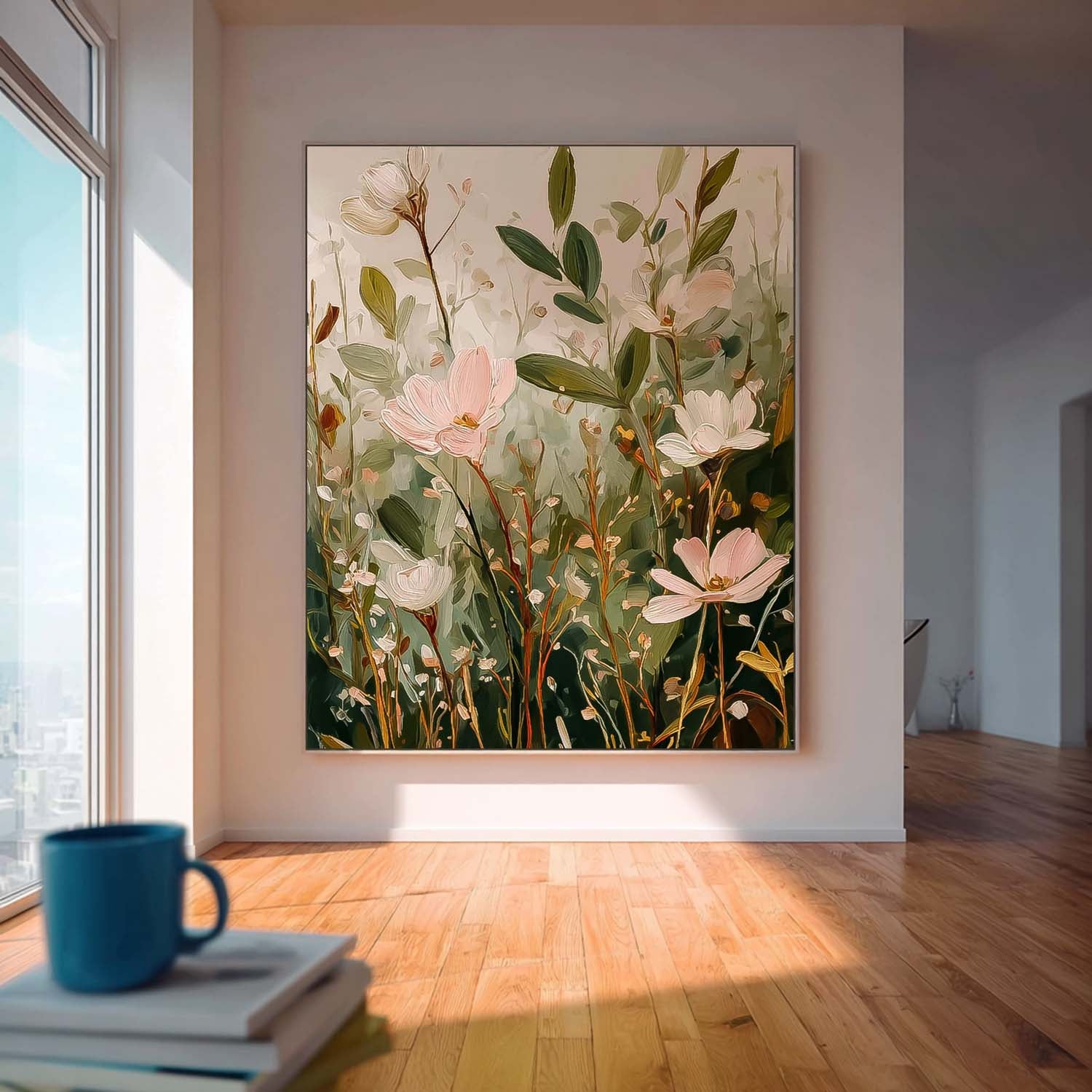 Soft Botanical Floral Oil Painting Sage Green & Blush Pink Wall Art Large Modern Wildflower Floral Wall Decor