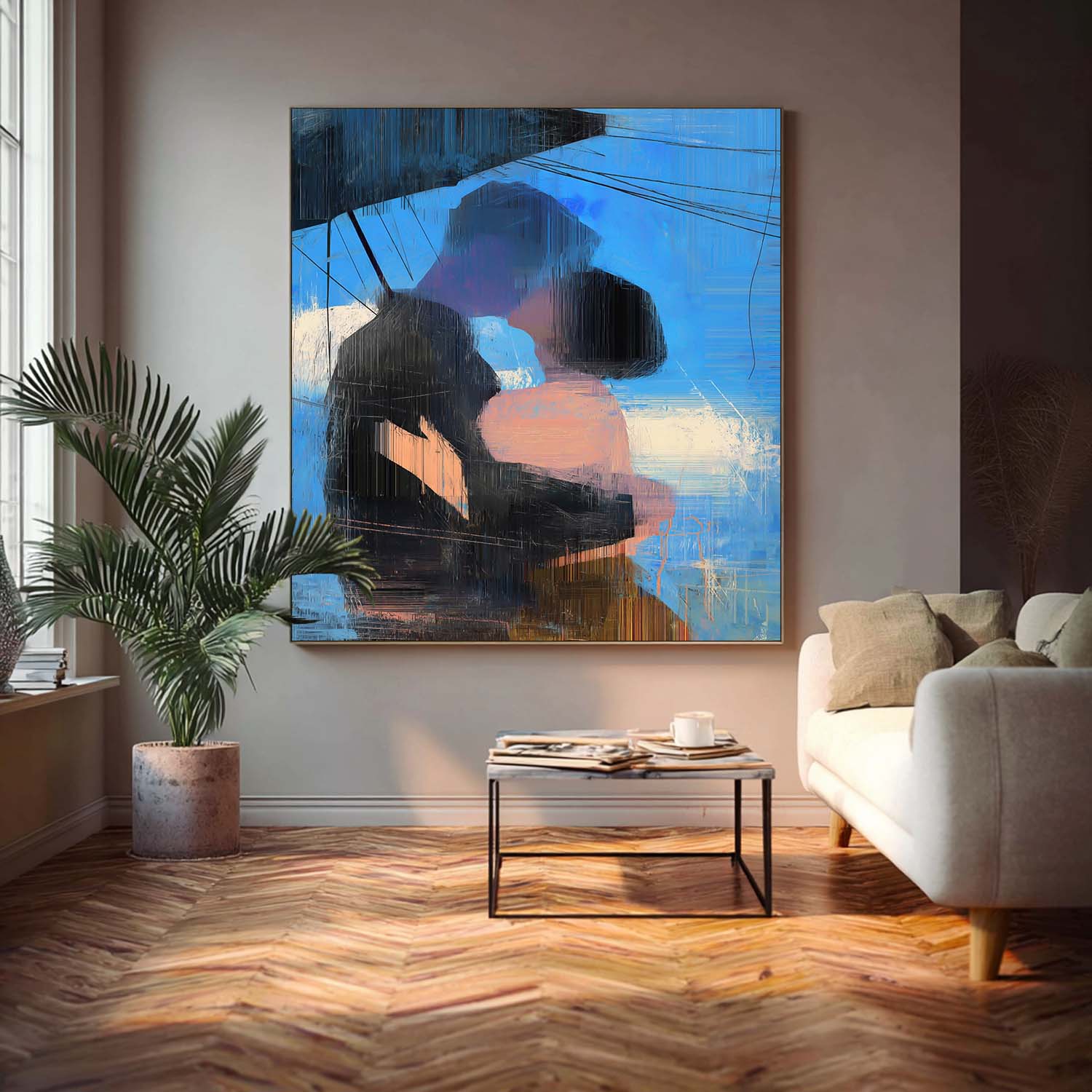 Abstract Oil Painting Couple Kissing Under Umbrella Romantic Wall Art Blue Tone Emotional Figurative Canvas