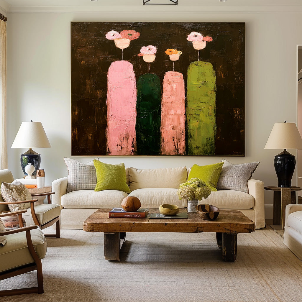Original Family Abstract Oil Painting Wall Art Modern Colorful Floral On Dark Background Large People Artwork