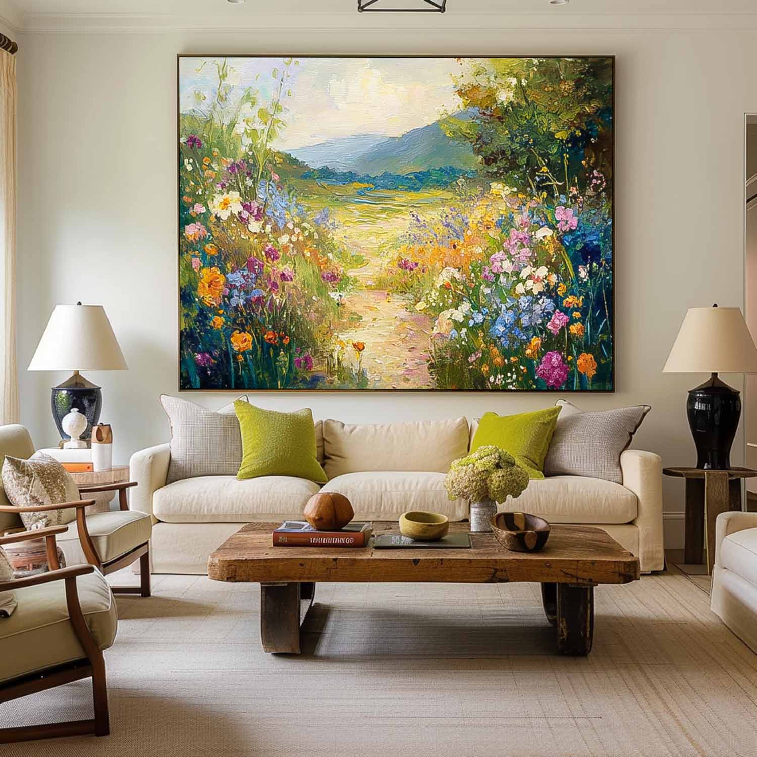 Impressionist Wildflower Meadow Landscape painting Textured Mountain Flower Field Artwork Rustic Nature Wall Art