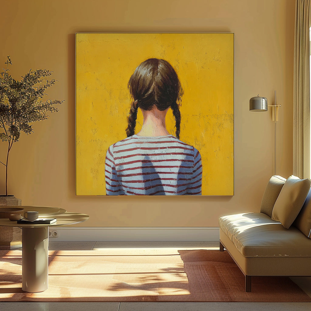 Minimalist Child Back View Painting Original Yellow Wall Art Abstract Twin-Tailed Girl Art For Living Room
