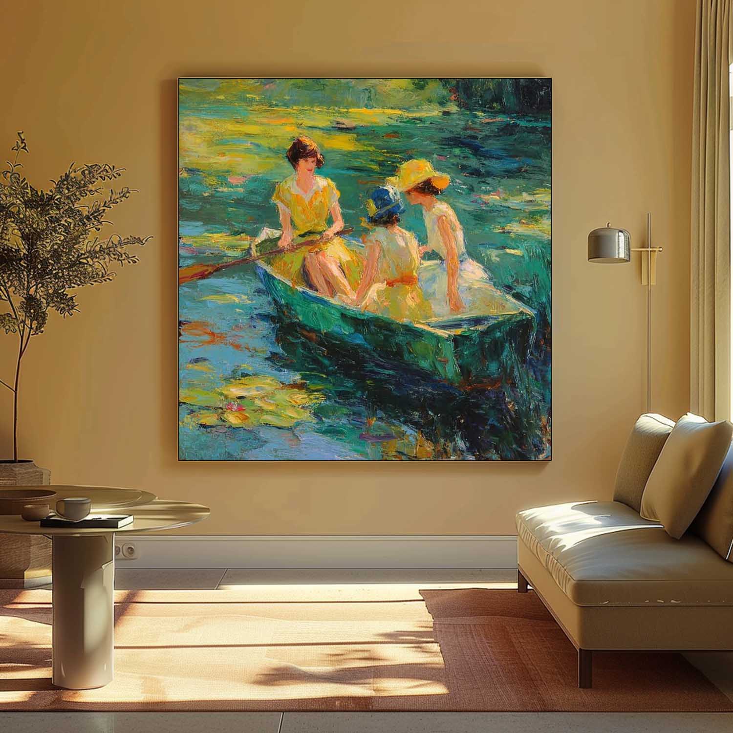 Hand-Painted Art Ladies In Vintage Yellow Dresses Boating On Lily Pond Impressionist Scene Home Wall Decor