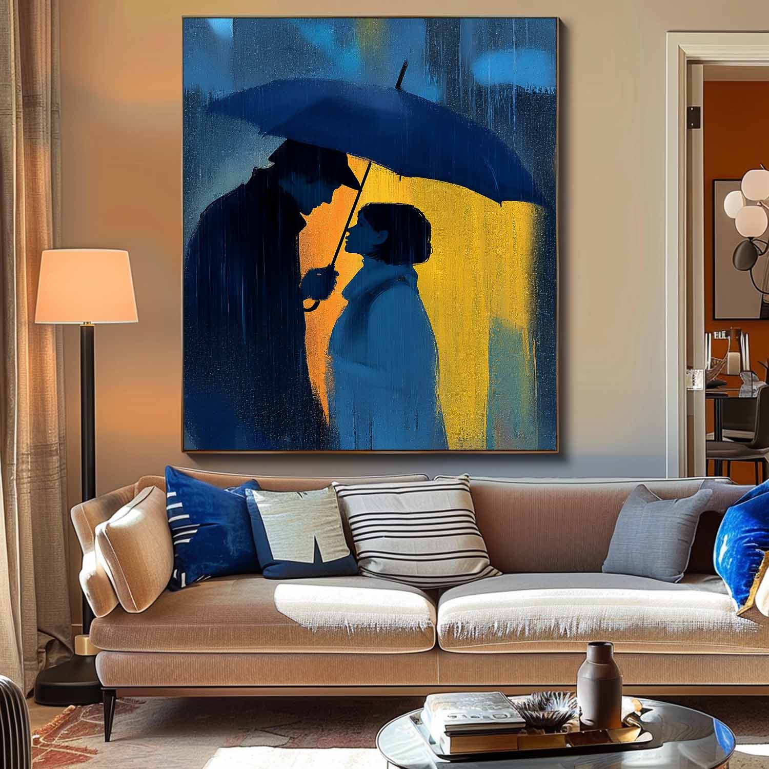 Moody Blue Night Art Original Couple In Rain Oil Painting Unique Gift For Couples Romantic Wall Art Canvas