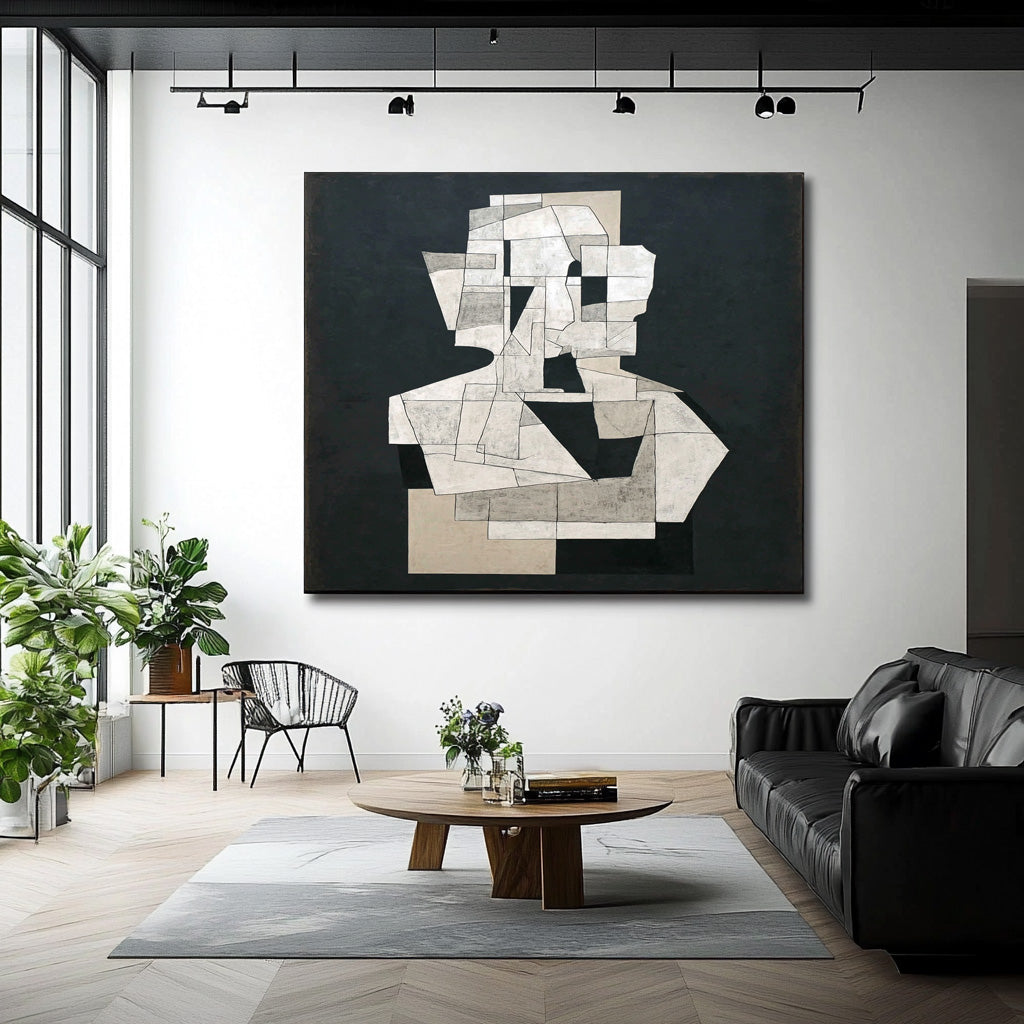 Abstract Geometric Black & White Wall Art Minimalist Modern Canvas Painting For Home Decor Unique Artwork