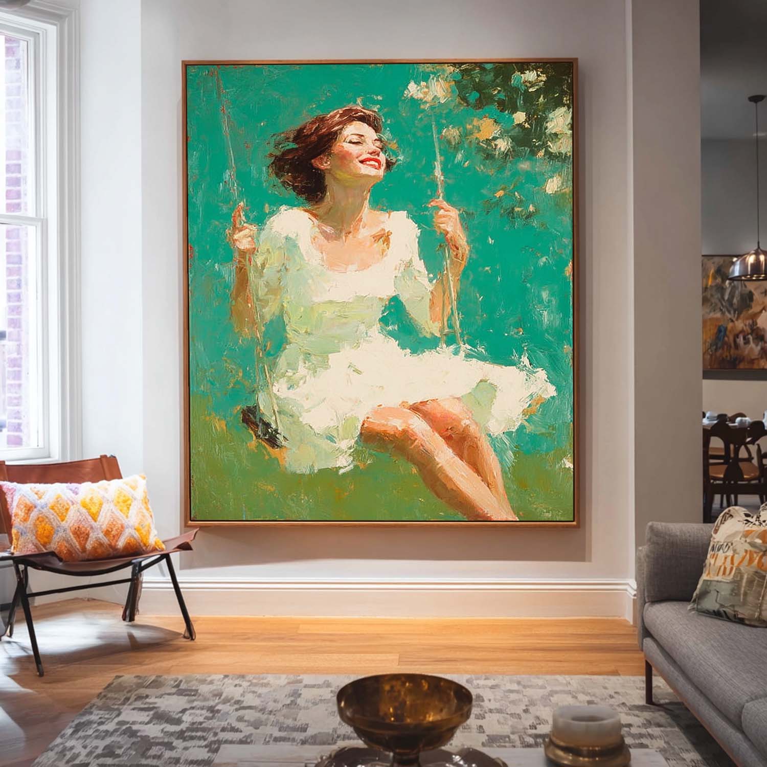 Custom Oil Painting of Woman On Swing Unique Modern Art for Wall Decor One-Of-A-Kind Handpainted Artwork