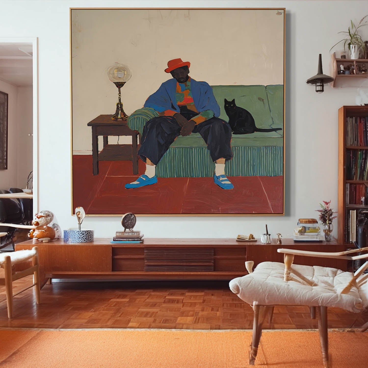 Retro-Inspired Wall Art With Black Cat & Vintage Lamp Bold Colorful Modern Home Decor Painting for Living Room