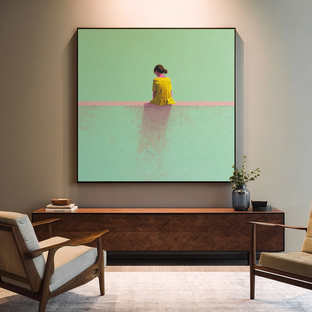 Minimalist Girl View Of Back Painting Green Wall Art Abstract Warm atmosphere Art For Living Room