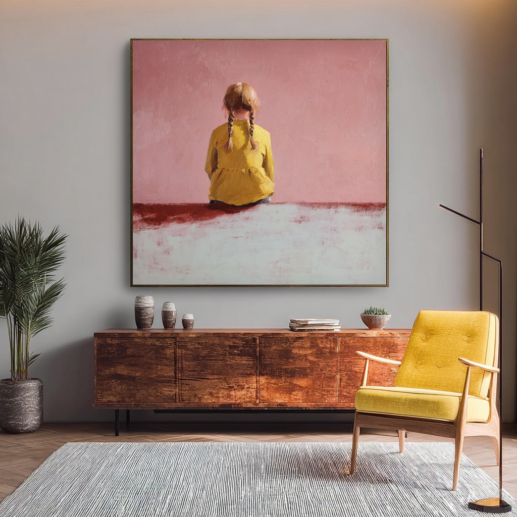Minimalist Girl Back view Painting Abstract Warm atmosphere Art Original Pink Wall Art For Living Room