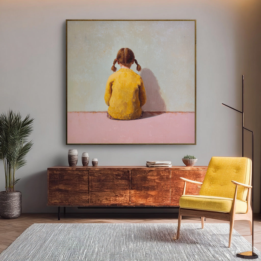 Original Pink Wall Art Minimalist Child Back view Painting Abstract Warm atmosphere Art For Living Room