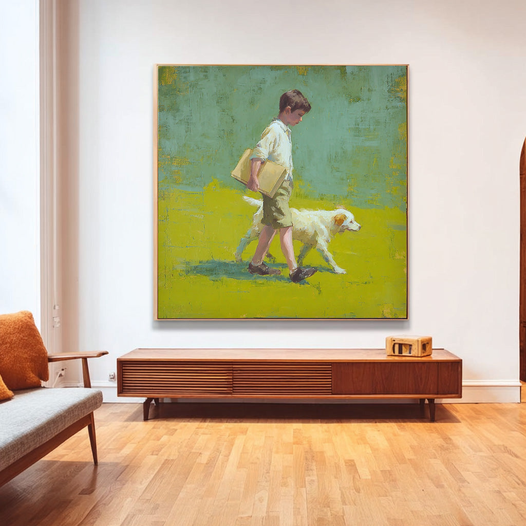 Minimalist Boy Walking The Dog Painting Landscape Green Grassland Abstract Peaceful atmosphere Wall Art