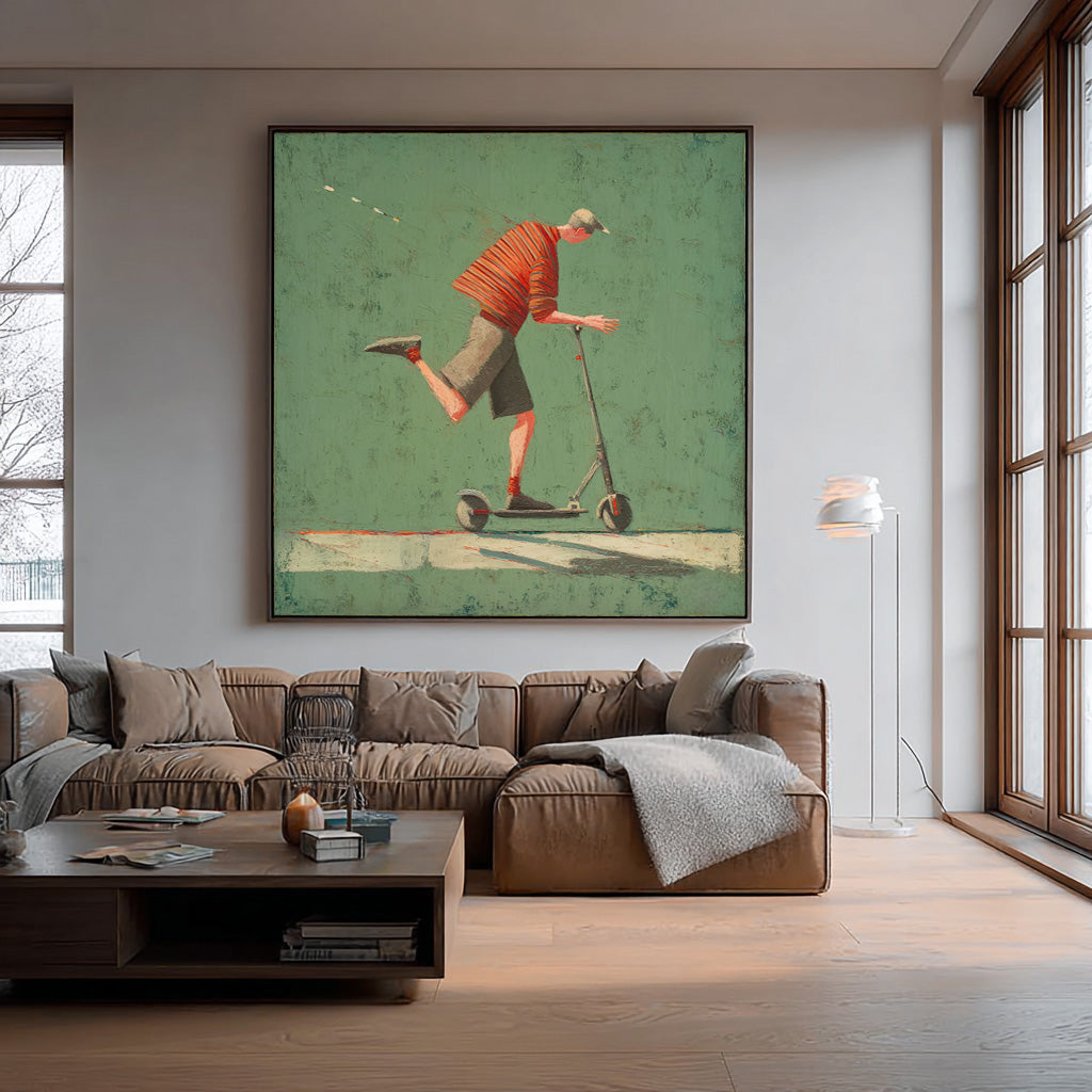 Landscape Green Wall Art Abstract Warm And Peaceful Atmosphere Minimalist Boy Riding A Scooter Painting
