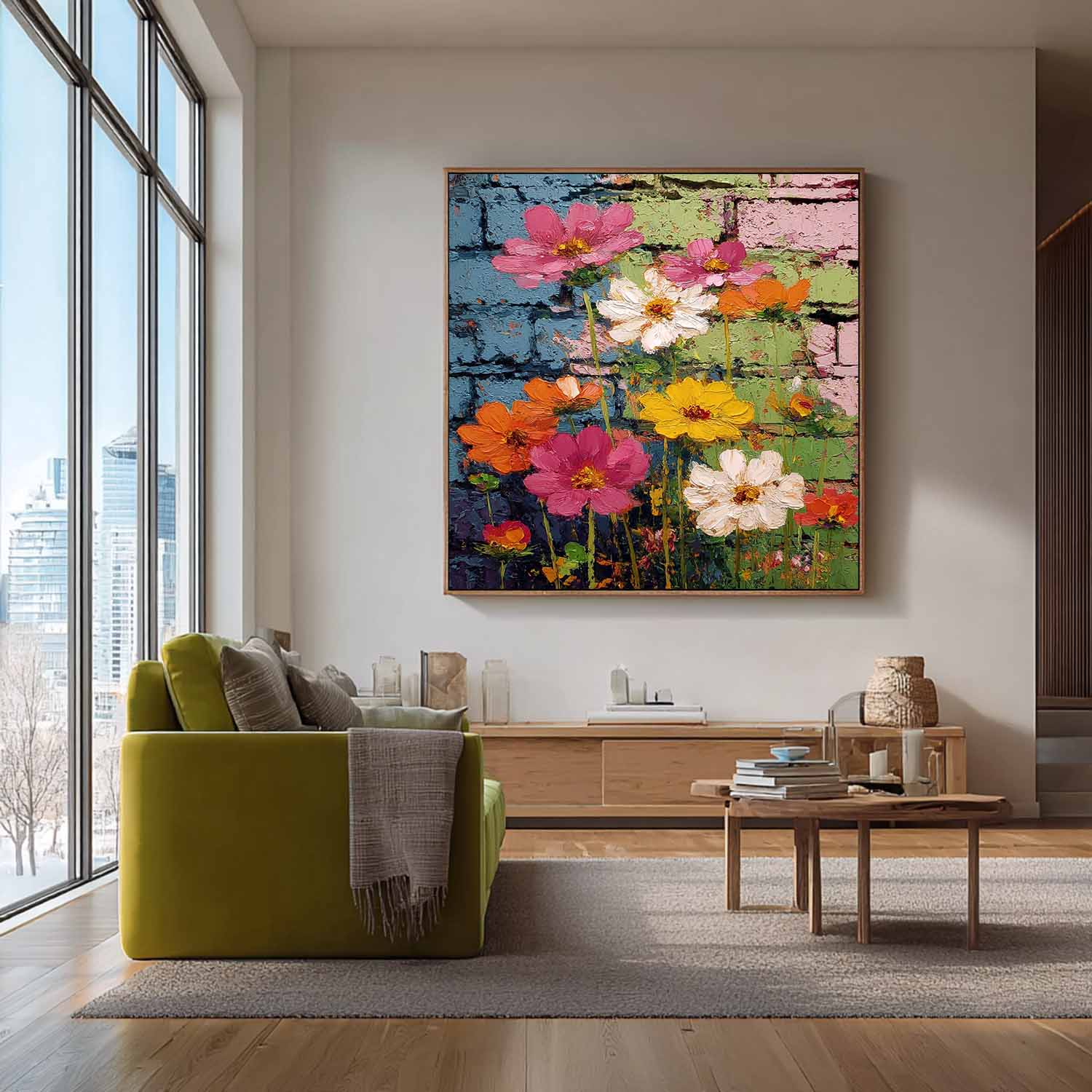 Colorful Flowers Canvas Vibrant Urban Street Art Style Floral Wall Hanging Modern Textured Floral Oil Painting