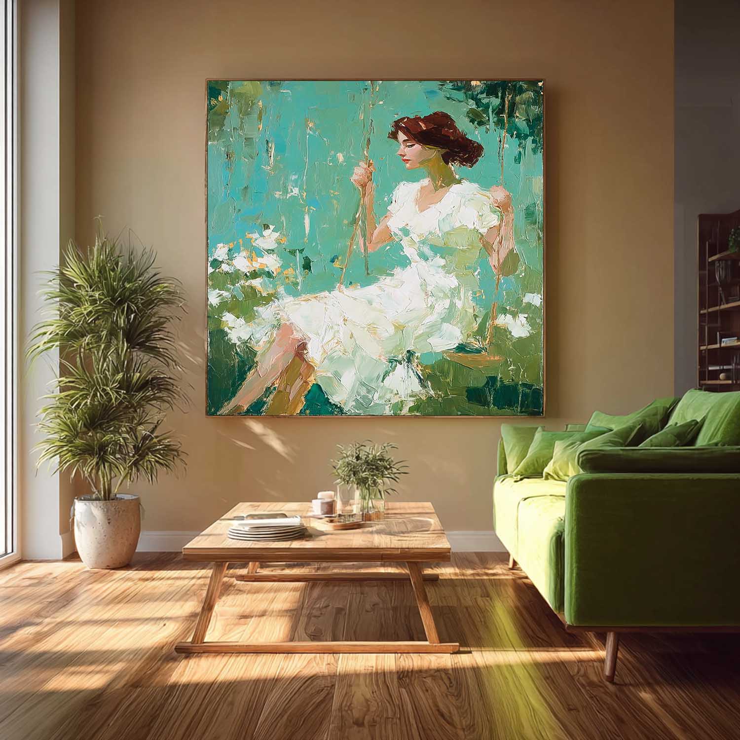 Green Impressionist Oil Painting Of Woman Sitting On Swing Floral Background Wall Art For Living Room